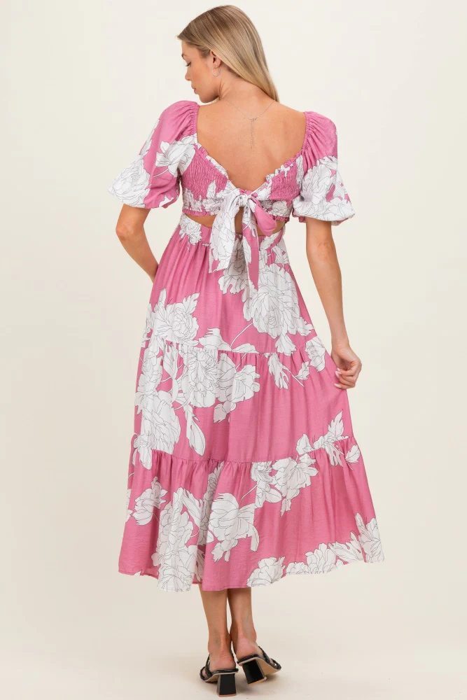 Pink Floral Cutout Tie Back Maternity Midi Dress - Image 3