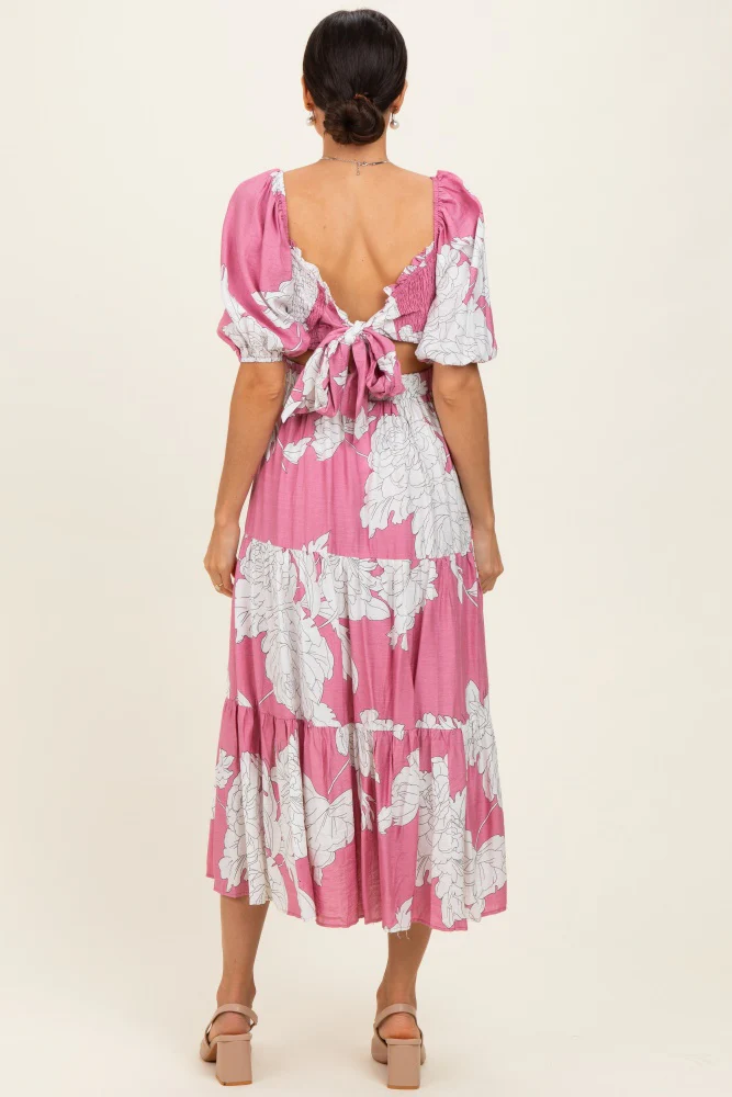 Pink Floral Cutout Tie Back Midi Dress - Image 3