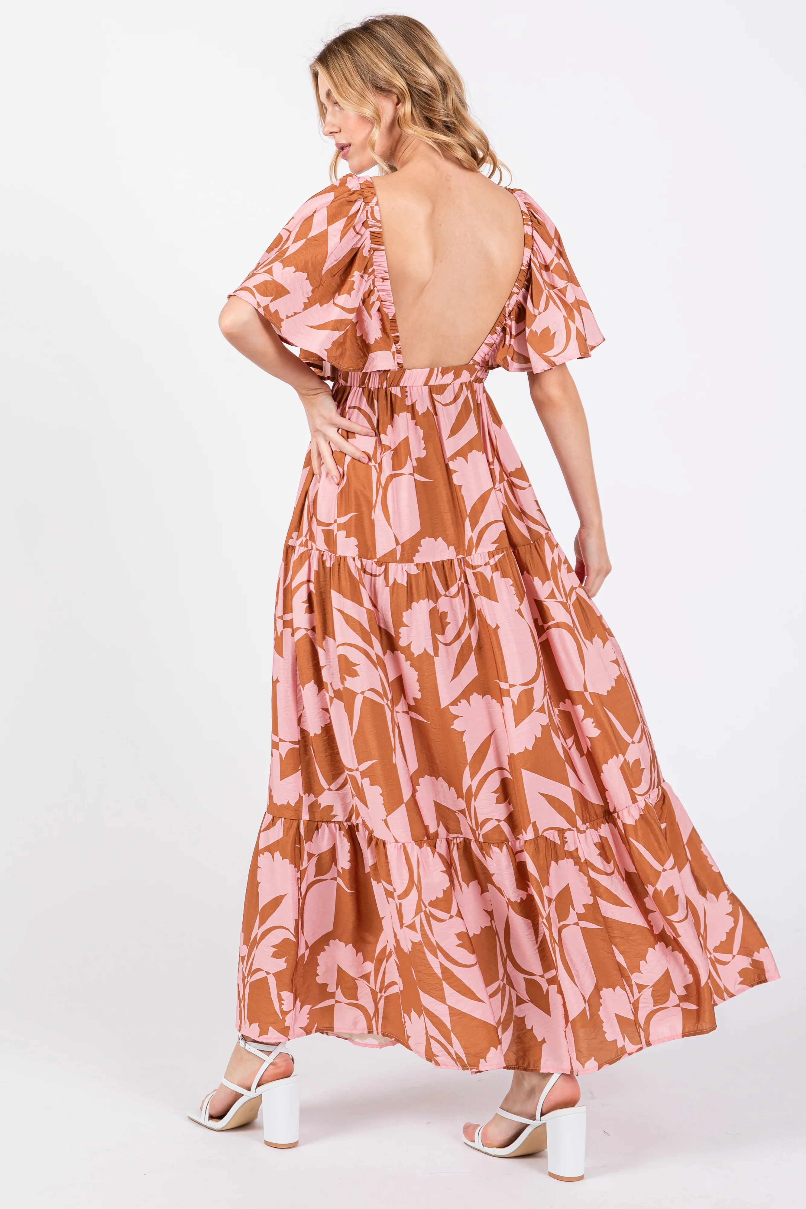 Pink Floral Deep V-Neck Ruffle Midi Dress - Image 3