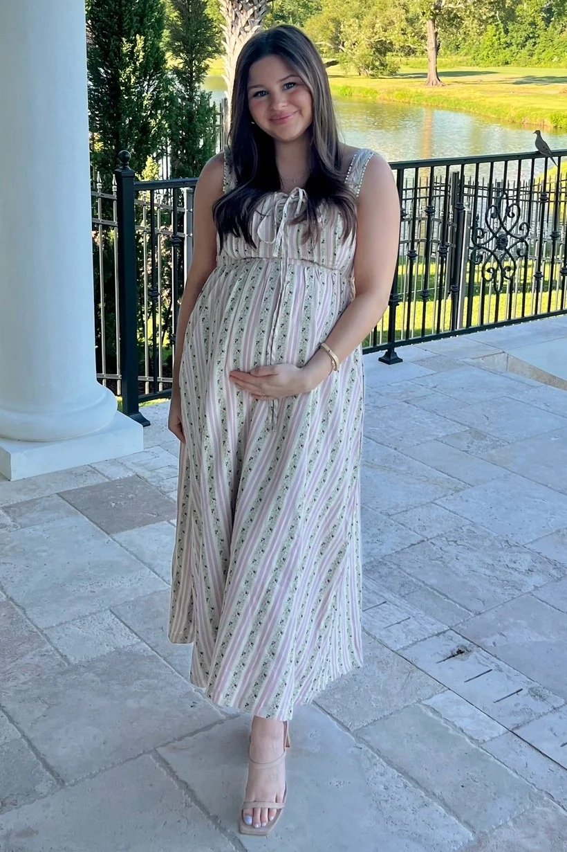 Pink Floral Embroidered Striped Maternity Midi Dress - Image 5