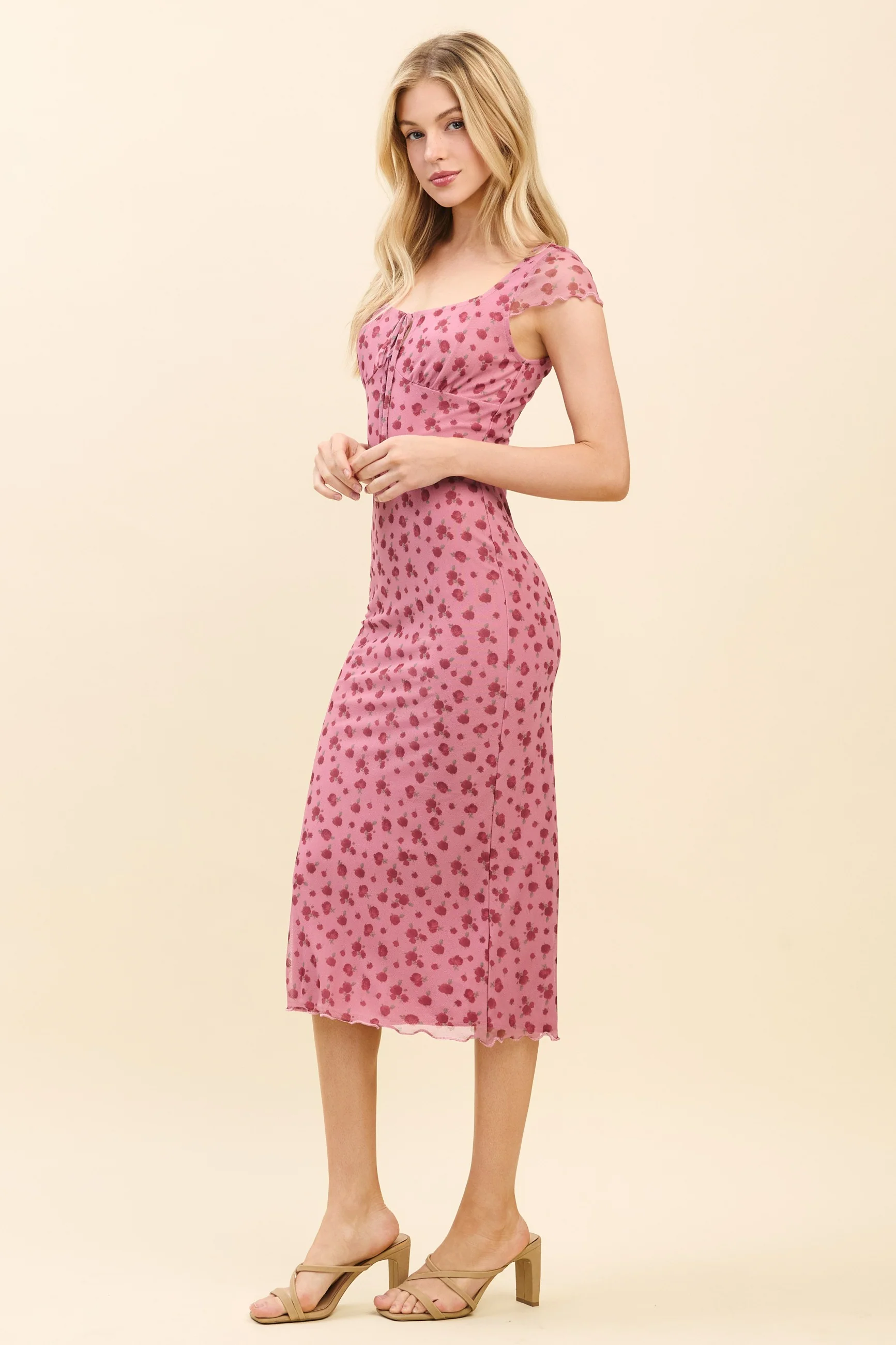 Pink Floral Mesh Front Tie Cutout Midi Dress - Image 3