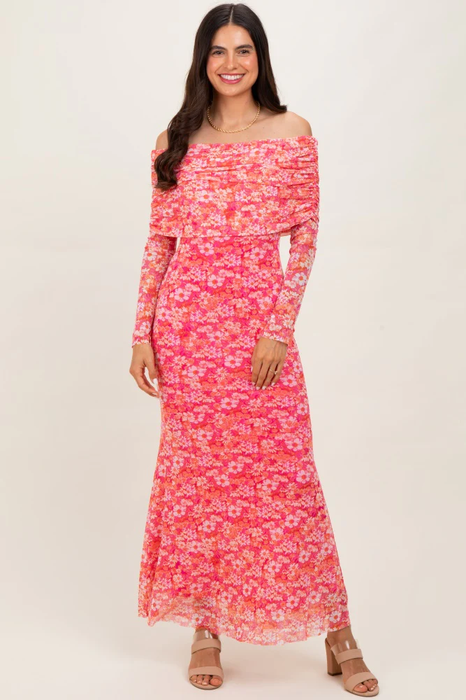 Pink Floral Mesh Off Shoulder Long Sleeve Maternity Maxi Dress - Image 5