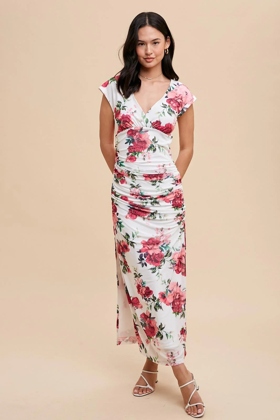 Pink Floral Mesh Ruched Sides Maxi Dress - Image 2