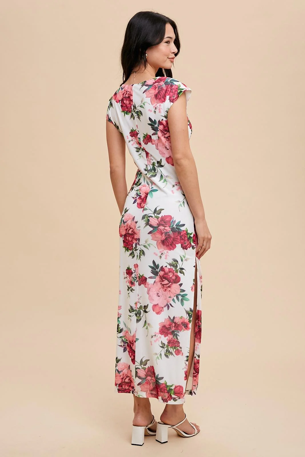 Pink Floral Mesh Ruched Sides Maxi Dress - Image 4