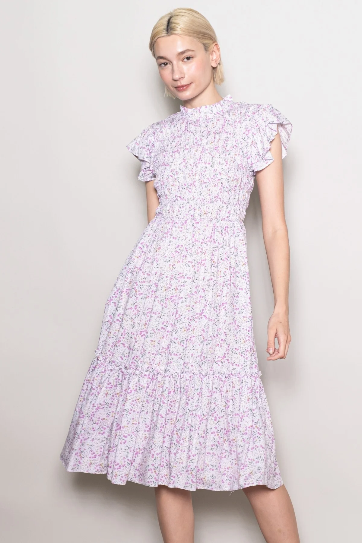 Pink Floral Mock Neck Smocked Ruffe Sleeve Midi Dress - Image 3