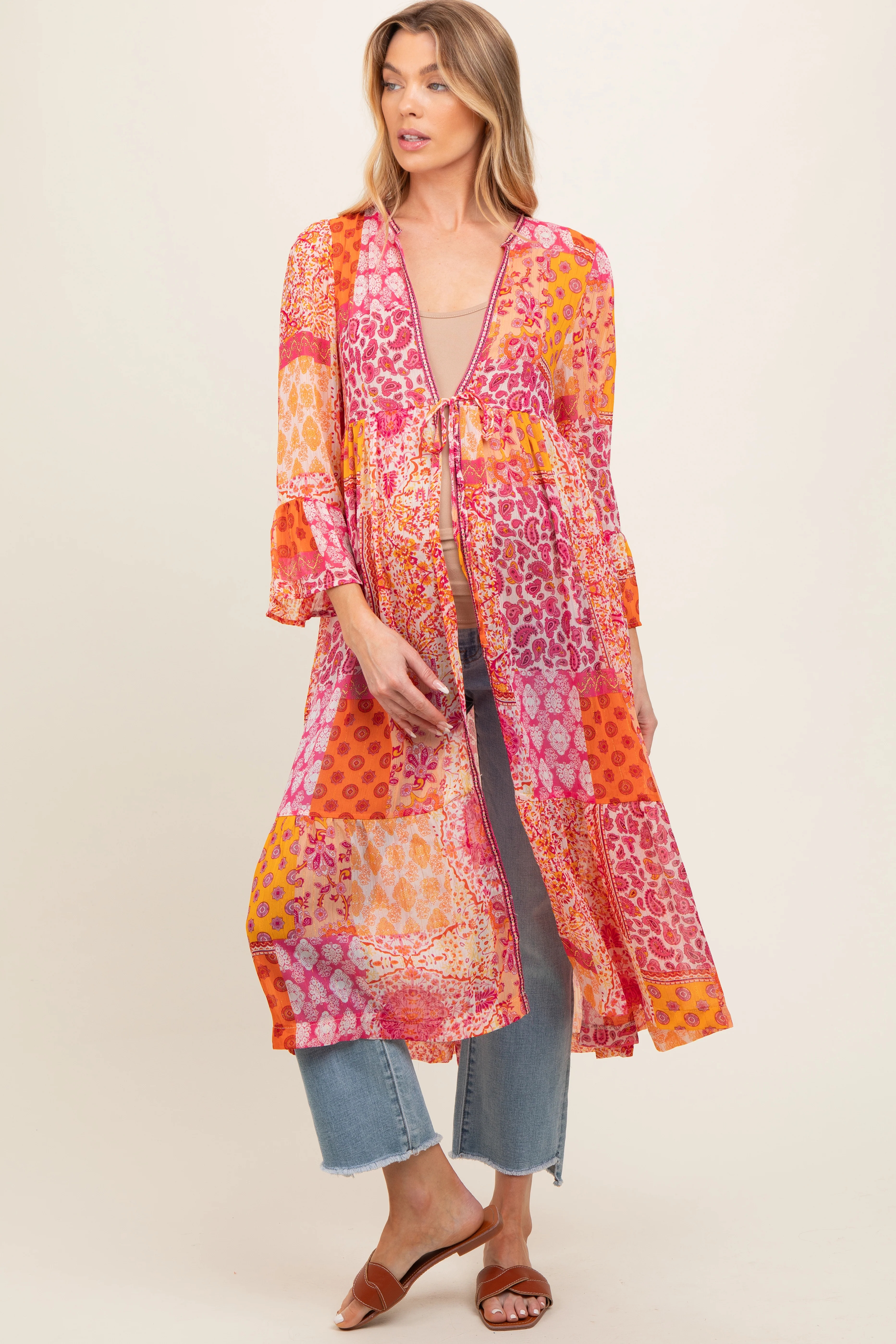 Pink Floral Paisley Metallic Striped Tie Front Maternity Cover Up - Image 3