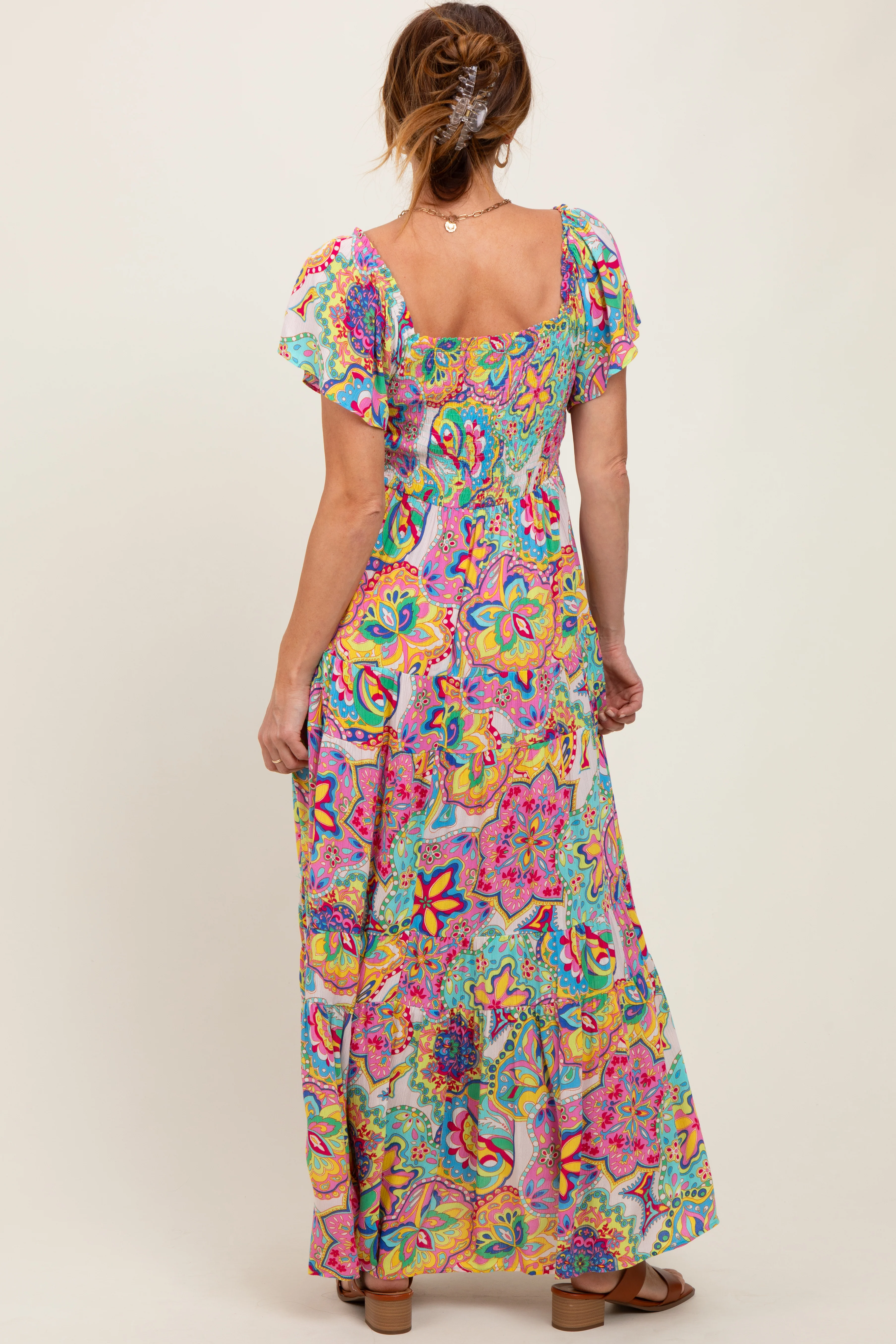 Pink Floral Paisley Smocked Tiered Maxi Dress - Image 4