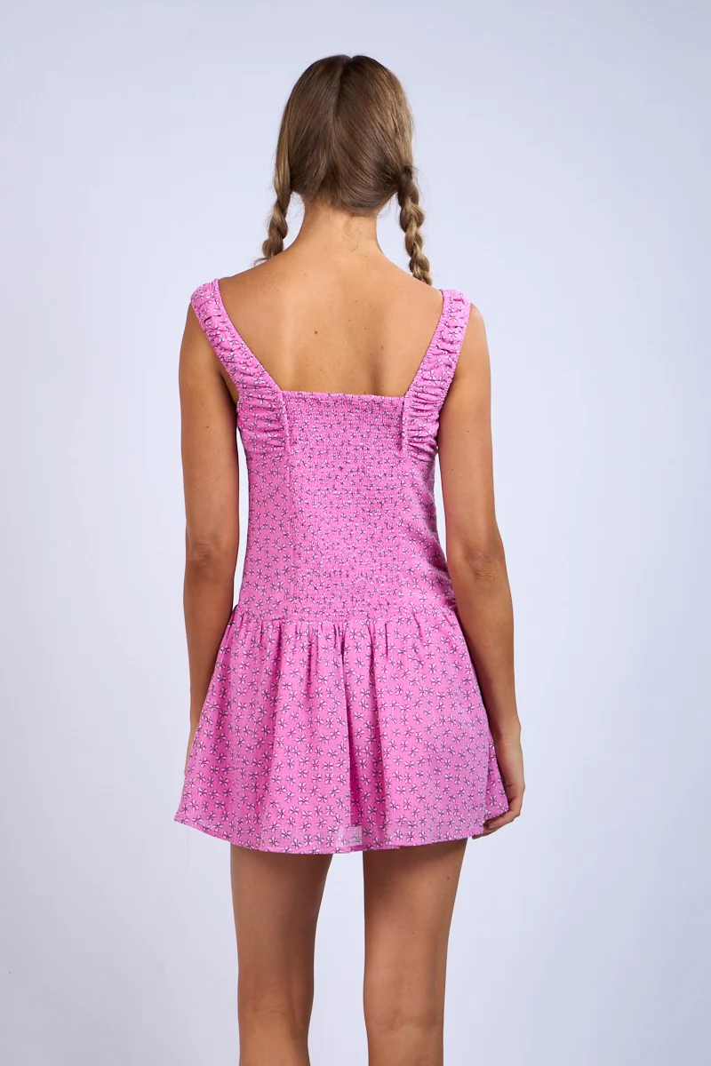Pink Floral Pattern Ruched Bust Wide Strap Mini Dress - Image 3