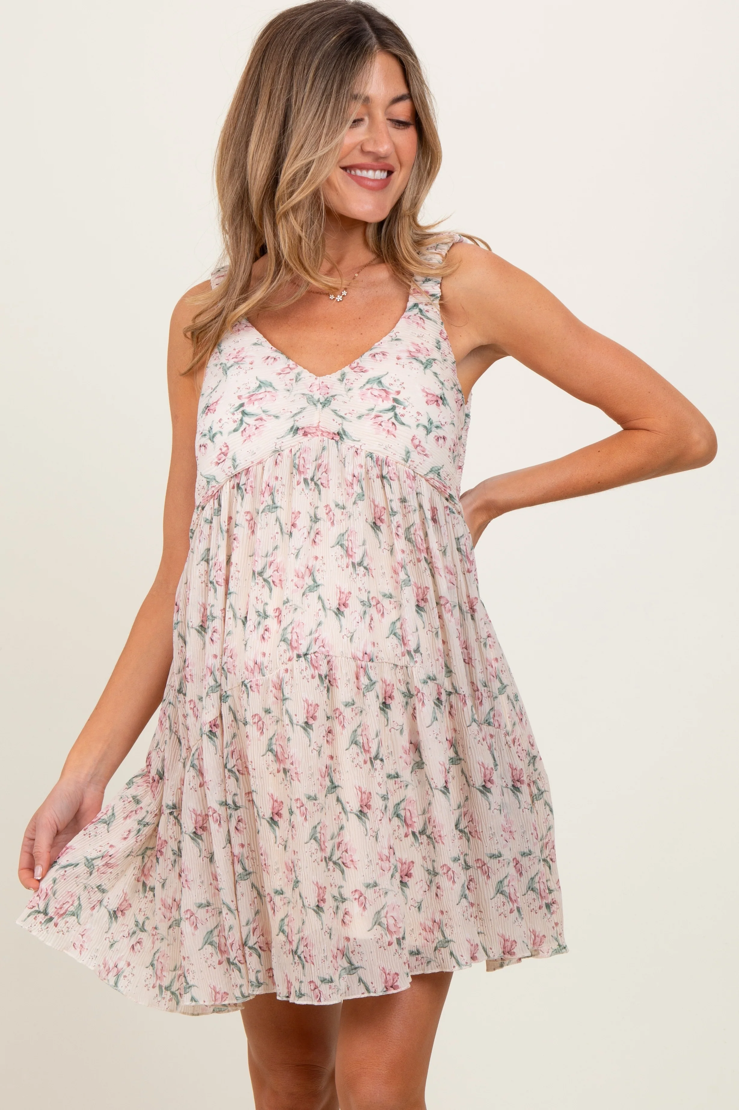 Pink Floral Plisse Texture Maternity Mini Dress - Image 3