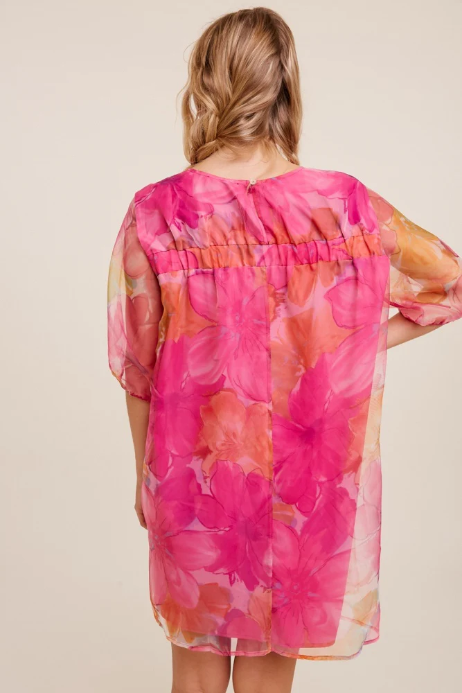 Pink Floral Print Puff Sleeve Babydoll Dress - Image 3