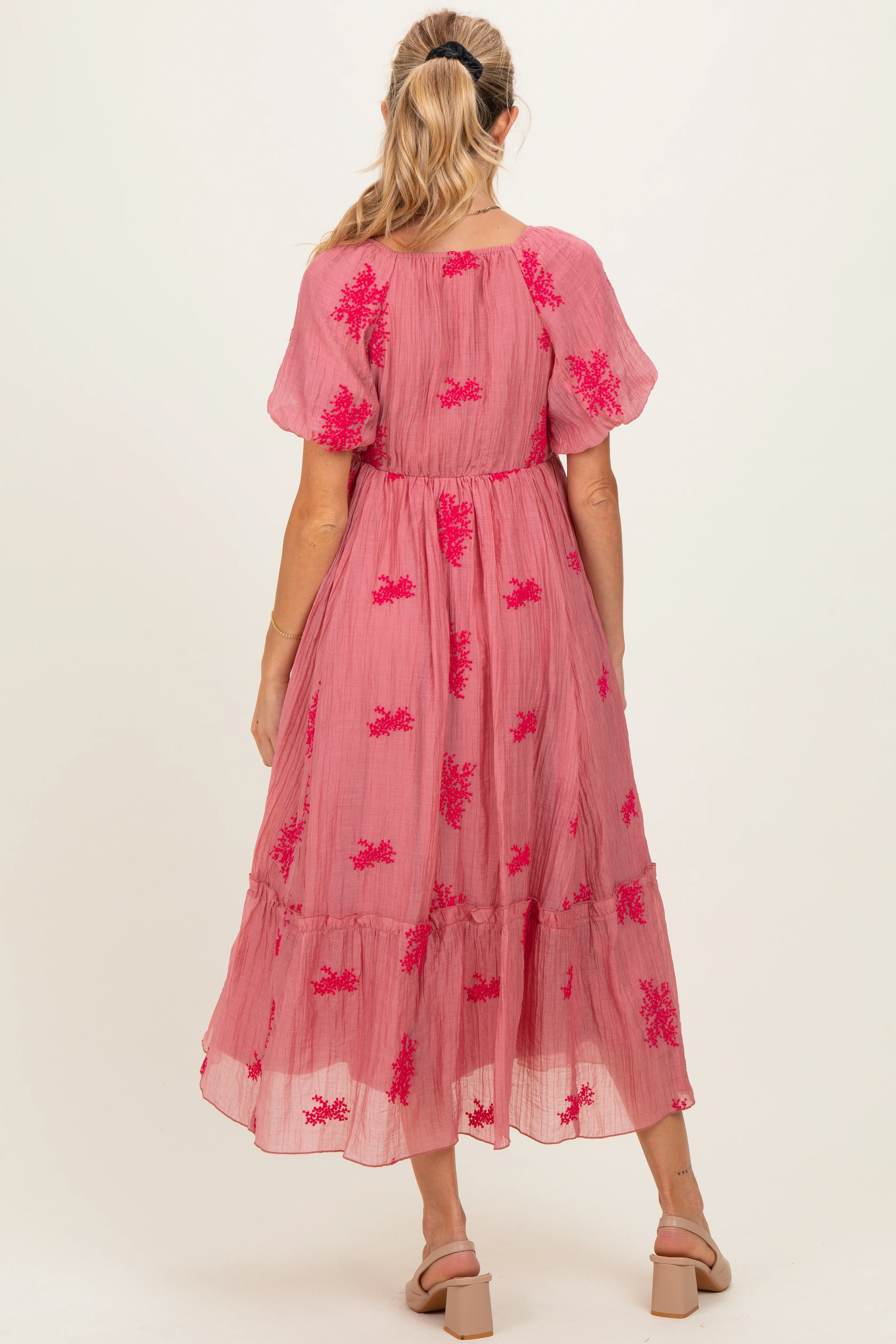 Pink Floral Print Ruffle Hem Maternity Midi Dress - Image 3