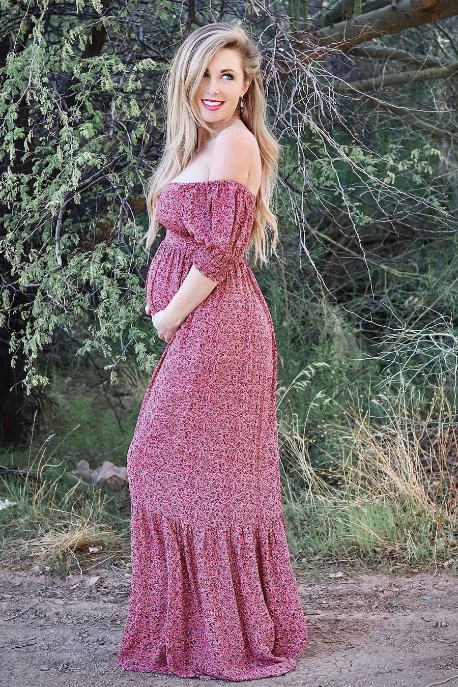 Pink Floral Puff Sleeve Maternity Maxi Dress - Image 14