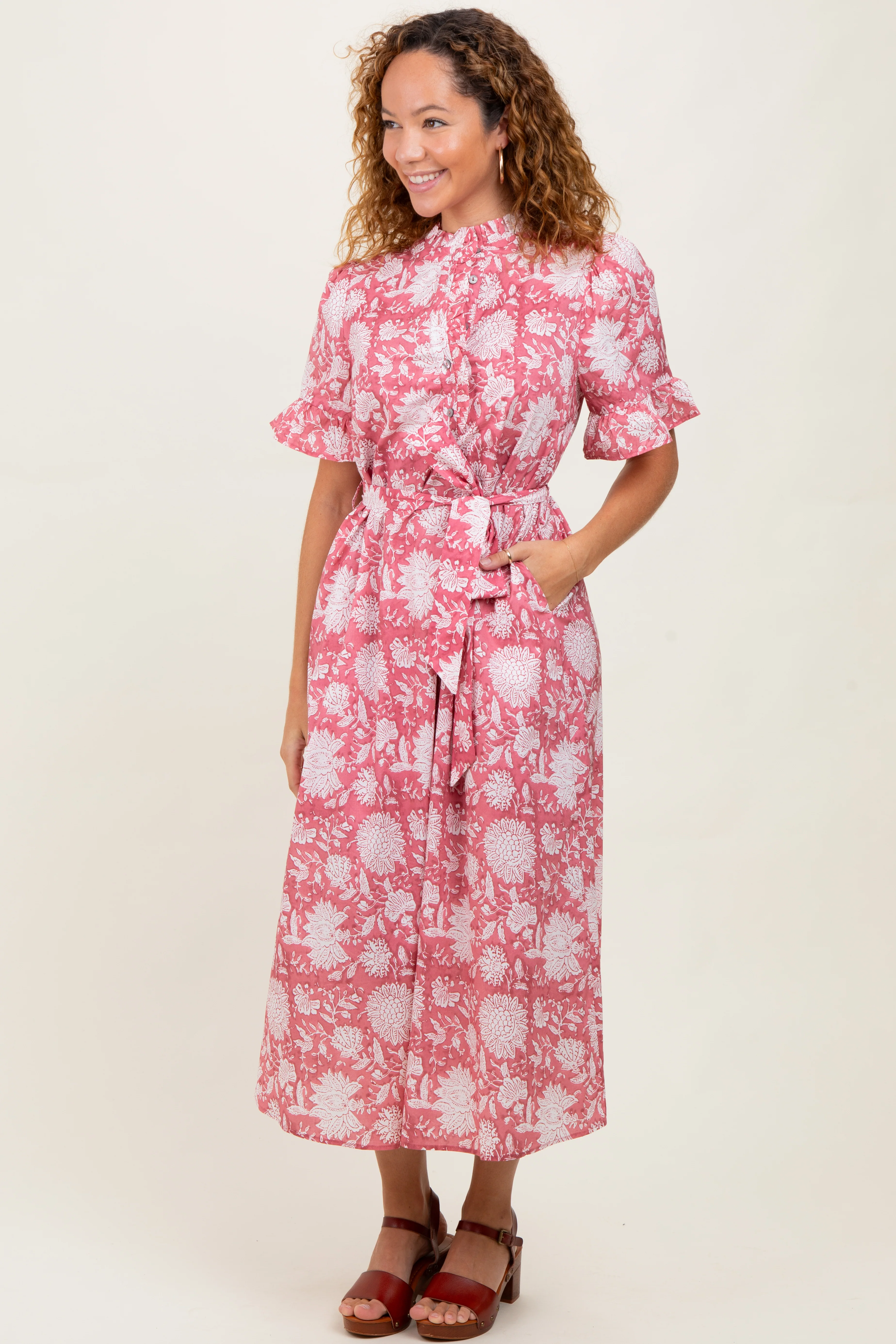 Pink Floral Ruffle Button Up Neckline Maternity Midi Dress - Image 5