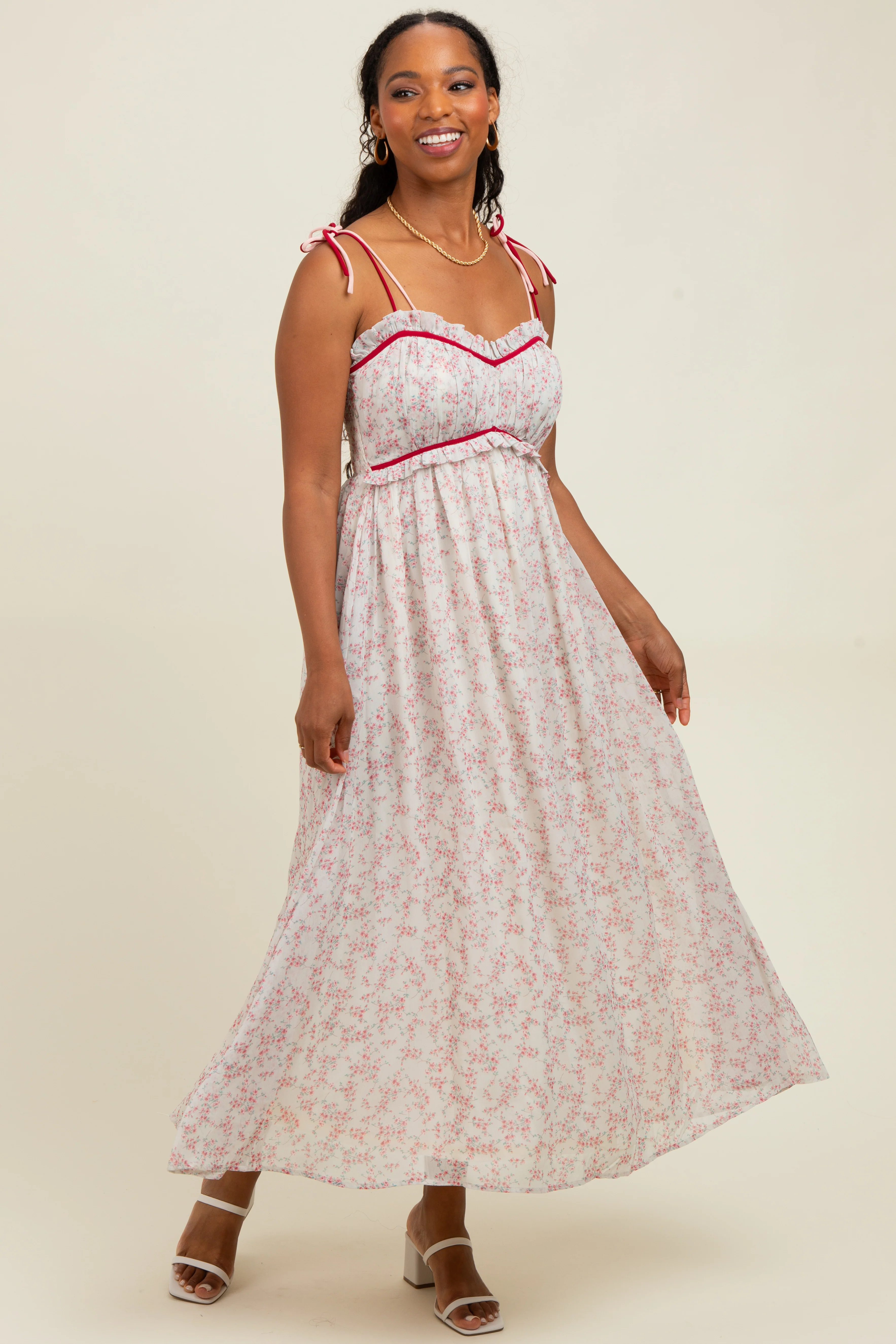 Pink Floral Ruffle Detail Shoulder Tie Midi Dress - Image 2