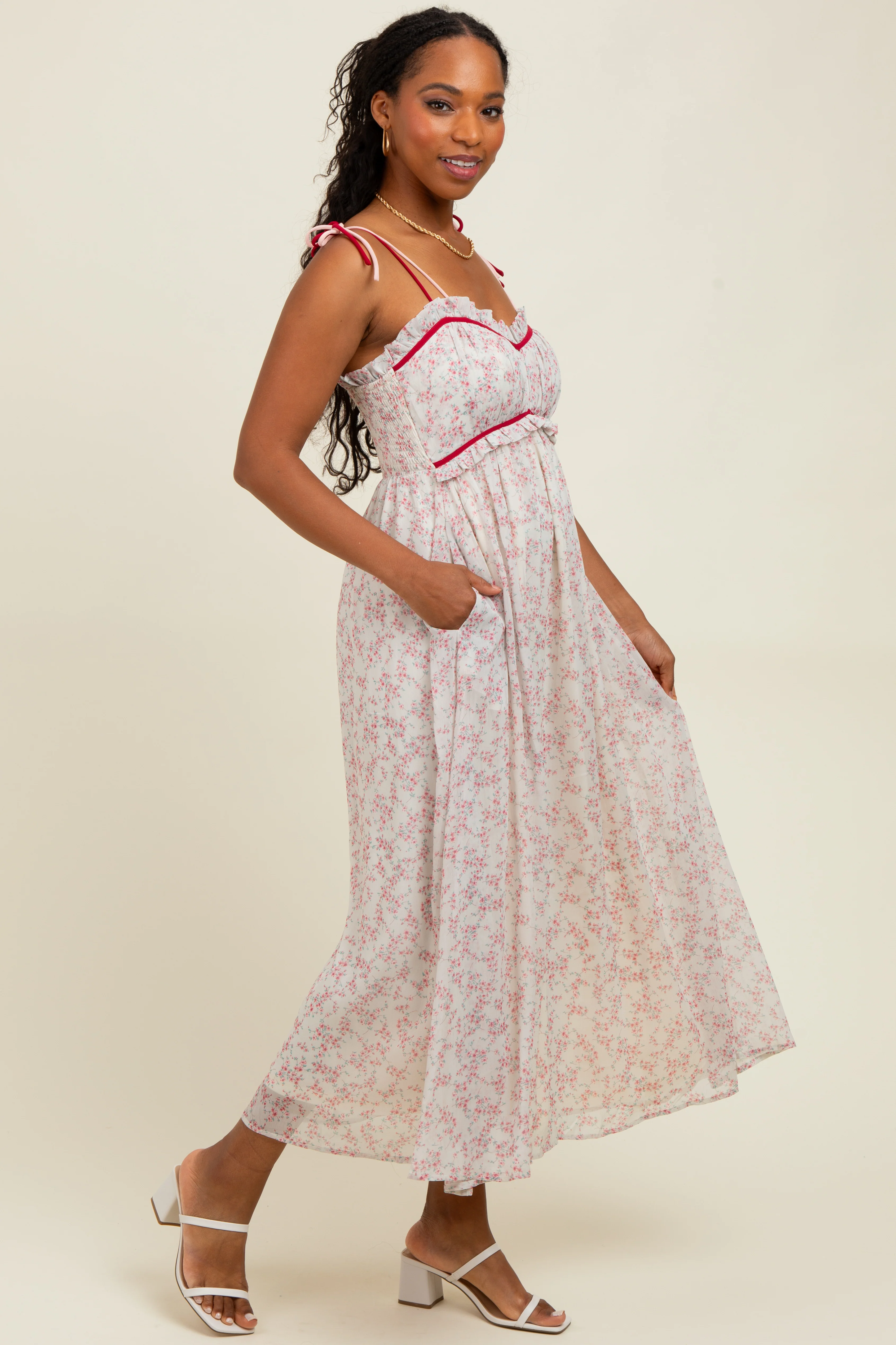 Pink Floral Ruffle Detail Shoulder Tie Midi Dress - Image 3