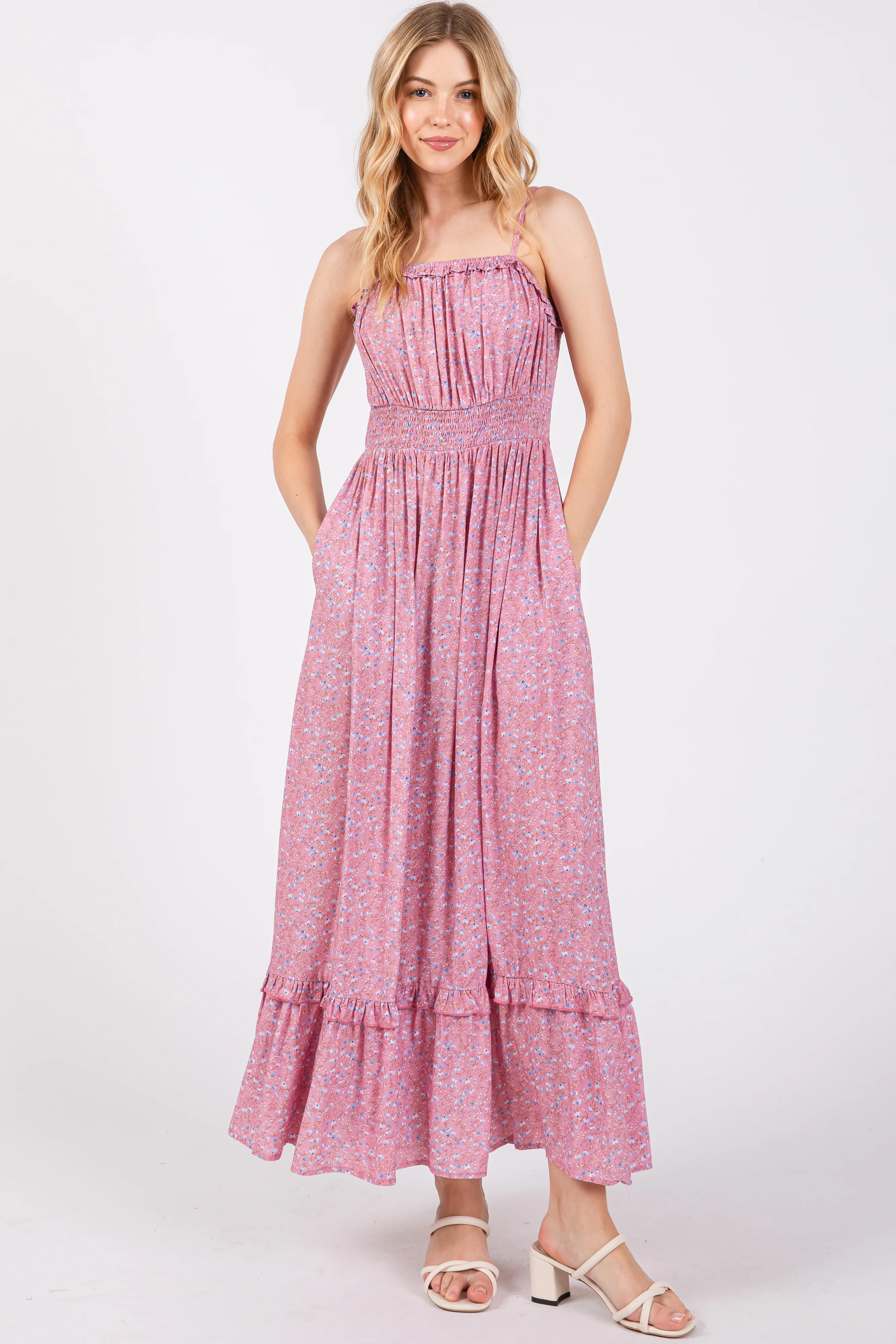 Pink Floral Ruffle Square Neck Smocked Waist Maternity Maxi Dress - Image 4