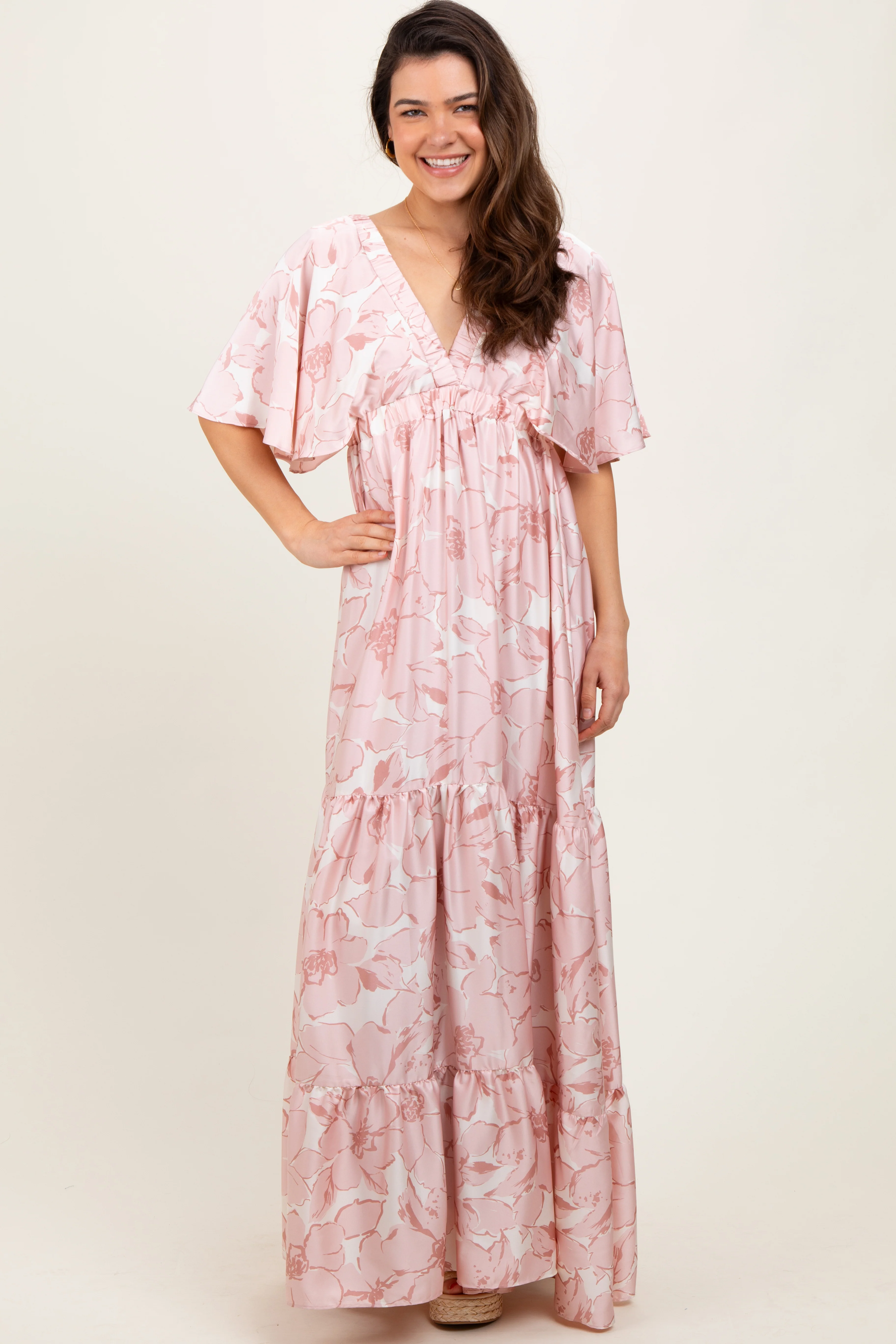 Pink Floral Short Sleeve Deep V-Neck Tiered Maternity Maxi Dress - Image 5