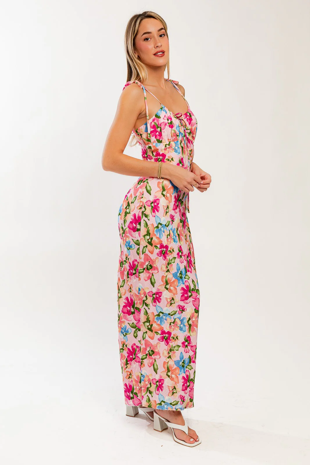 Pink Floral Shoulder Tie Maxi Dress - Image 2