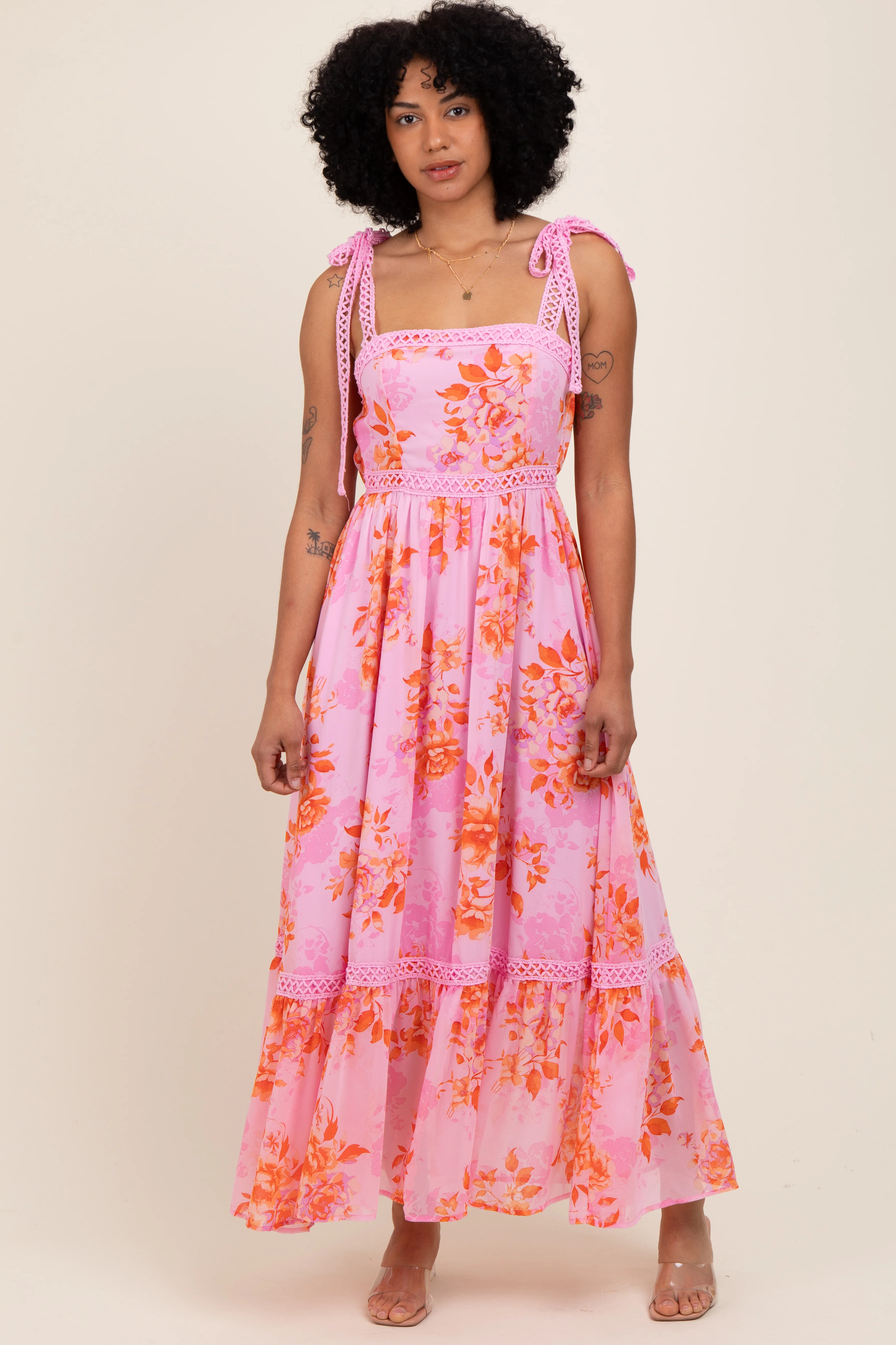 Pink Floral Shoulder Tie Tiered Maternity Maxi Dress - Image 5