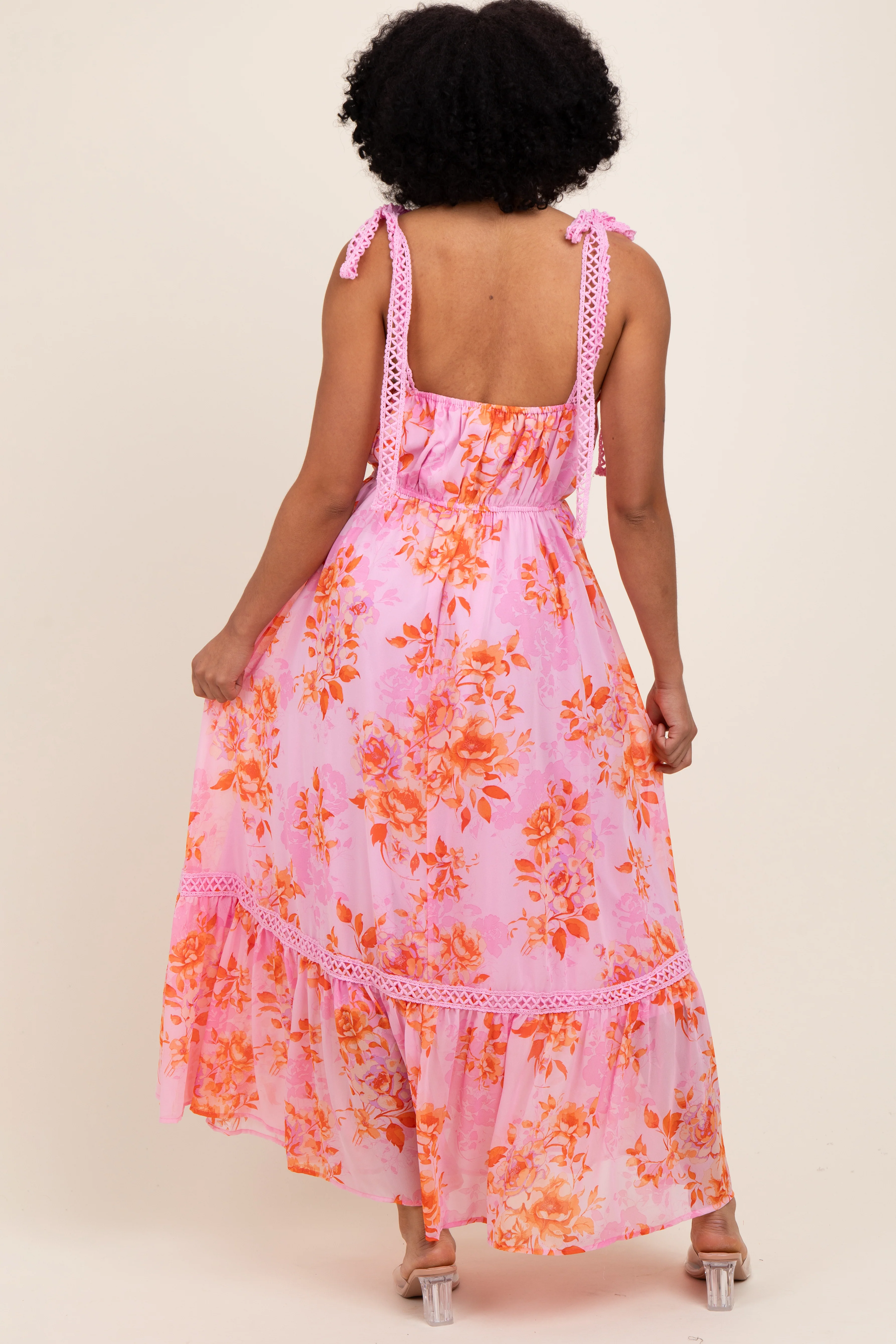 Pink Floral Shoulder Tie Tiered Maxi Dress - Image 3