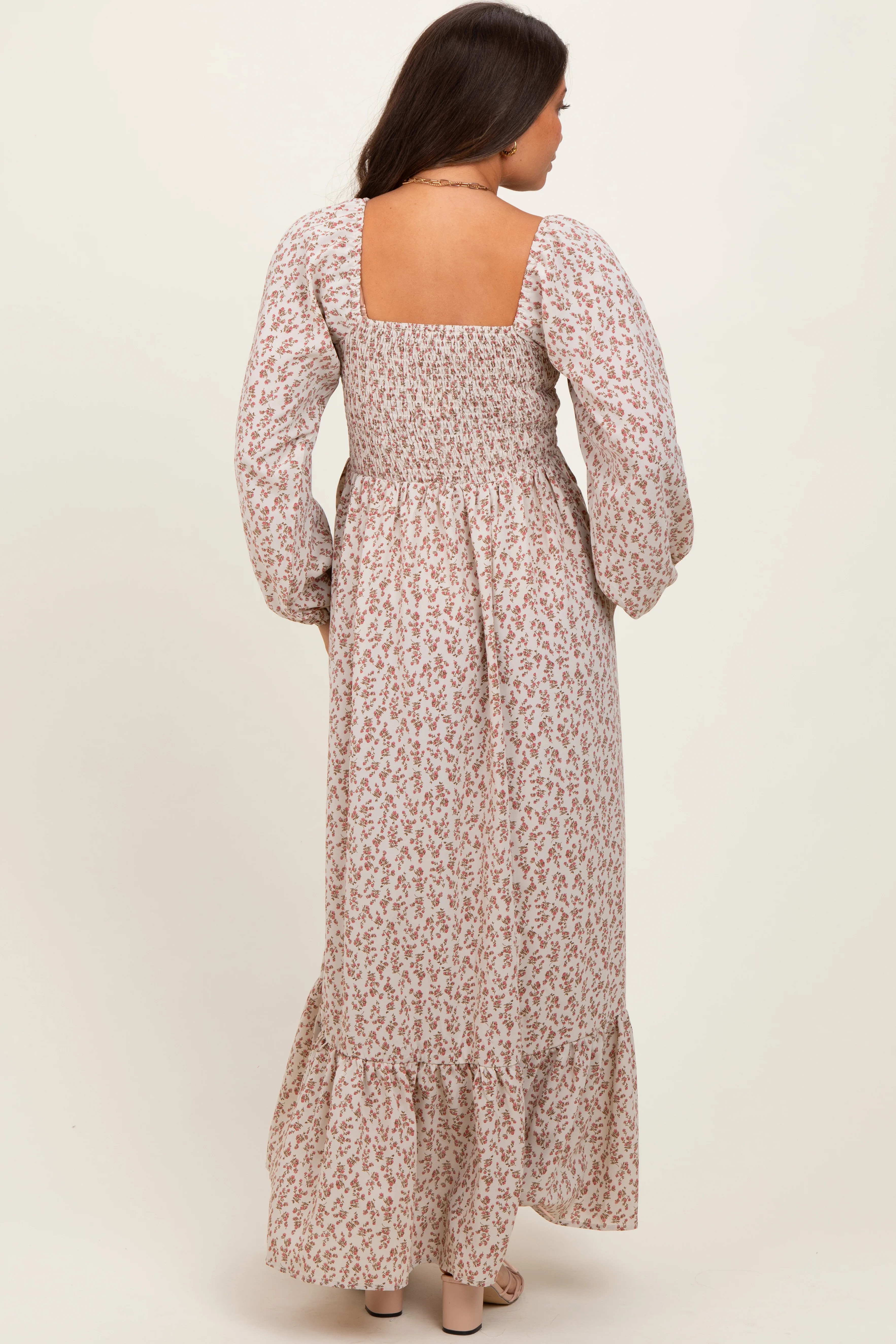 Pink Floral Smocked Lace Trim Sweetheart Maternity Maxi Dress - Image 4