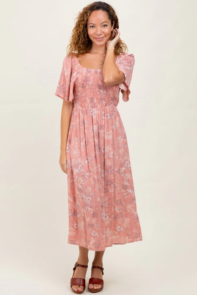 Pink Floral Smocked Maternity Midi Dress - Image 3