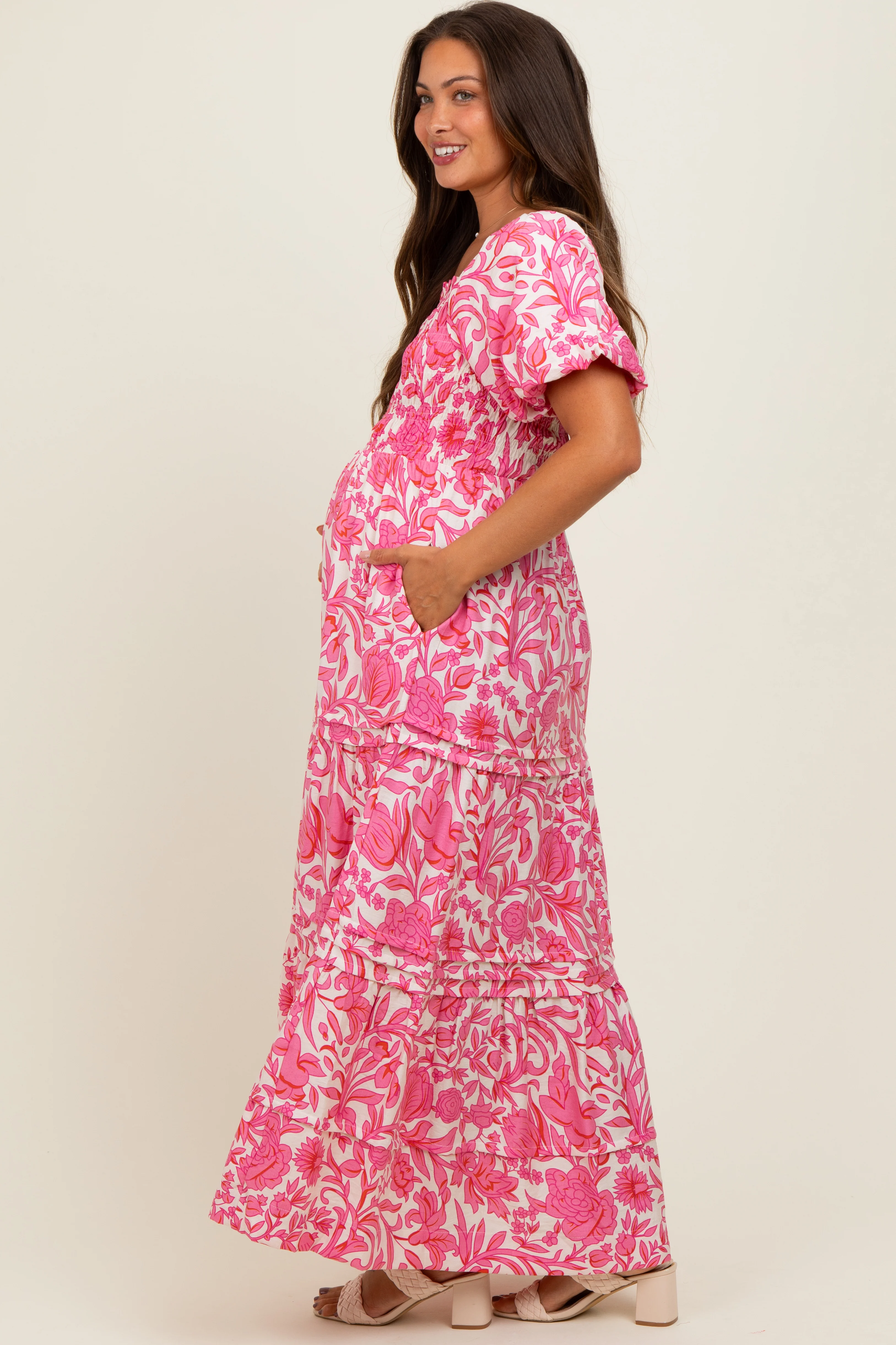 Pink Floral Smocked Puff Sleeve Maternity Maxi Dress - Image 3