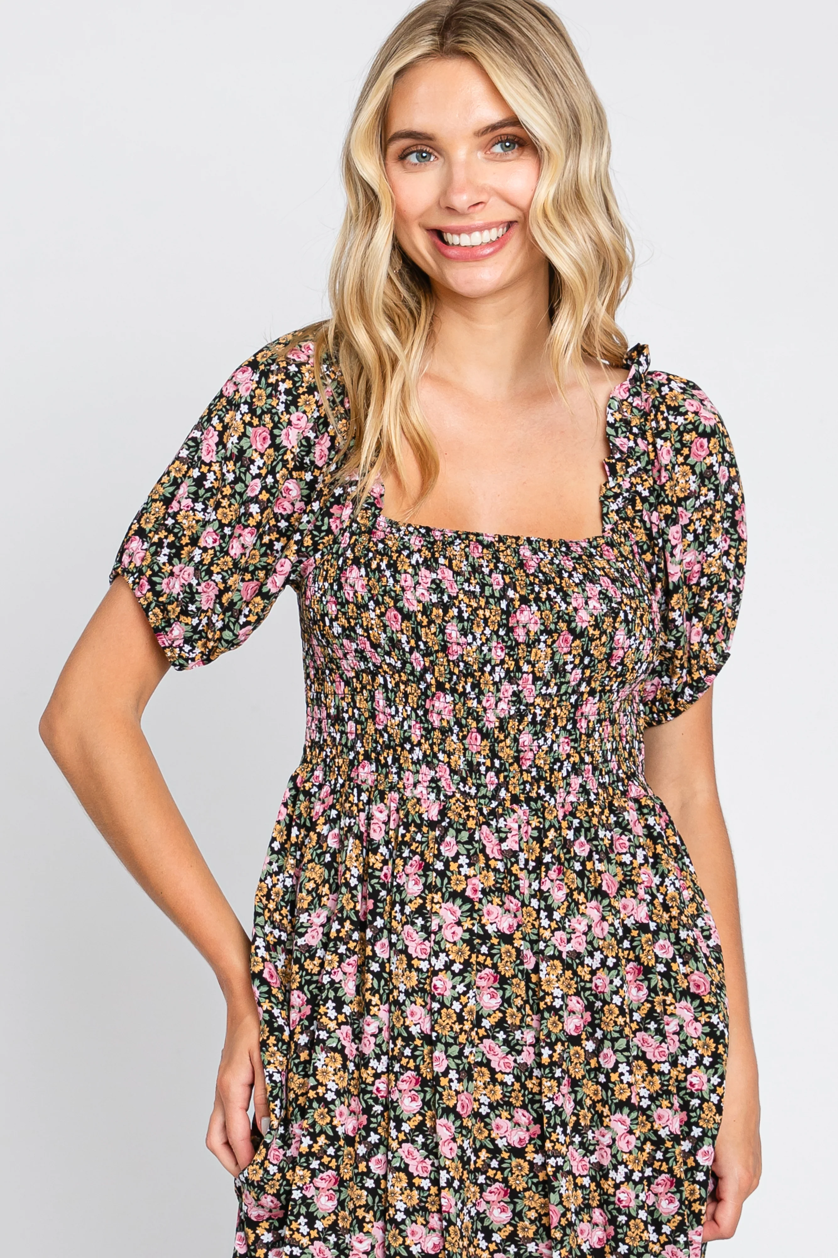 Pink Floral Smocked Puff Sleeve Midi Dress - Image 4