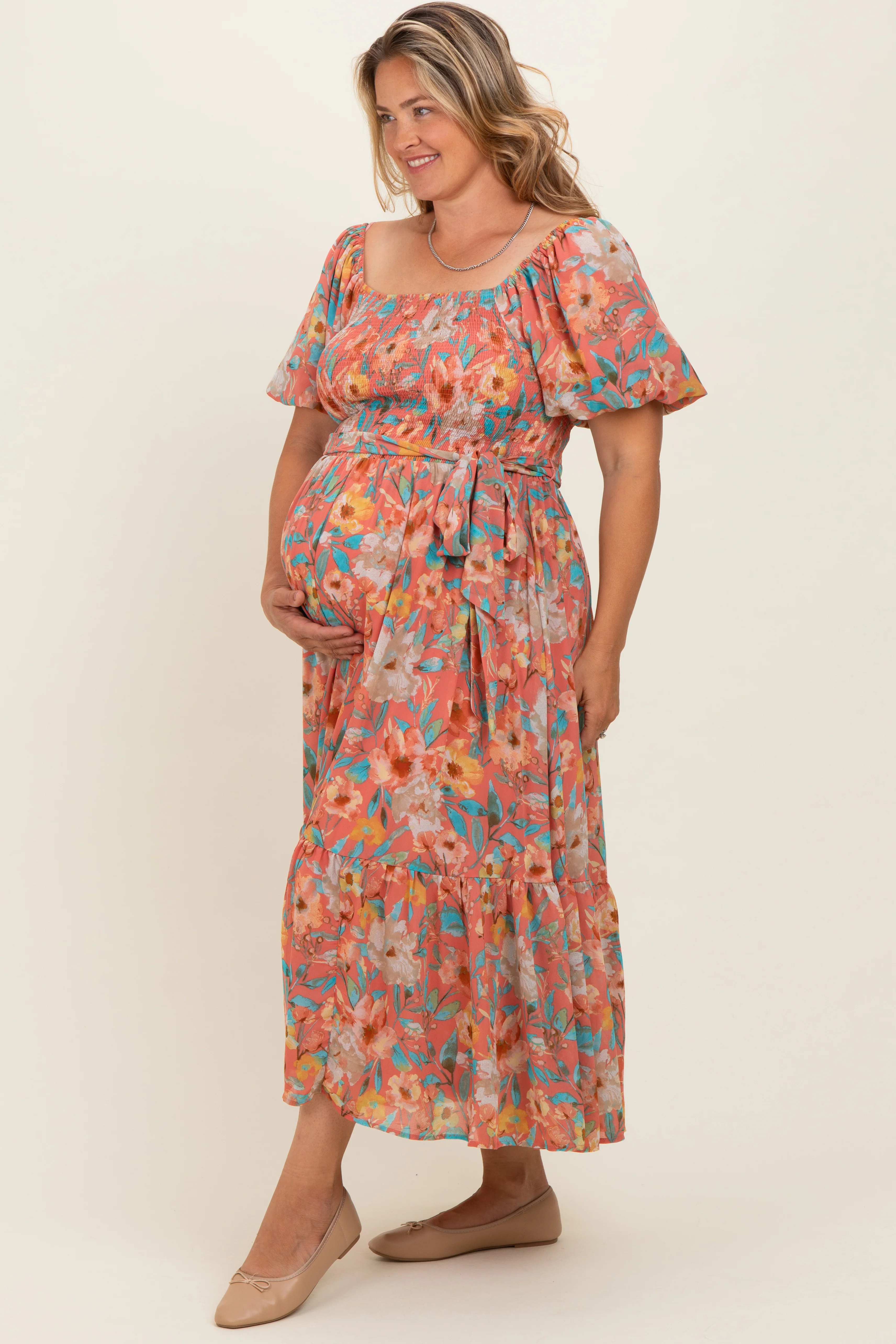 Pink Floral Smocked Puffed Sleeve Maternity Plus Midi Dress - Image 3