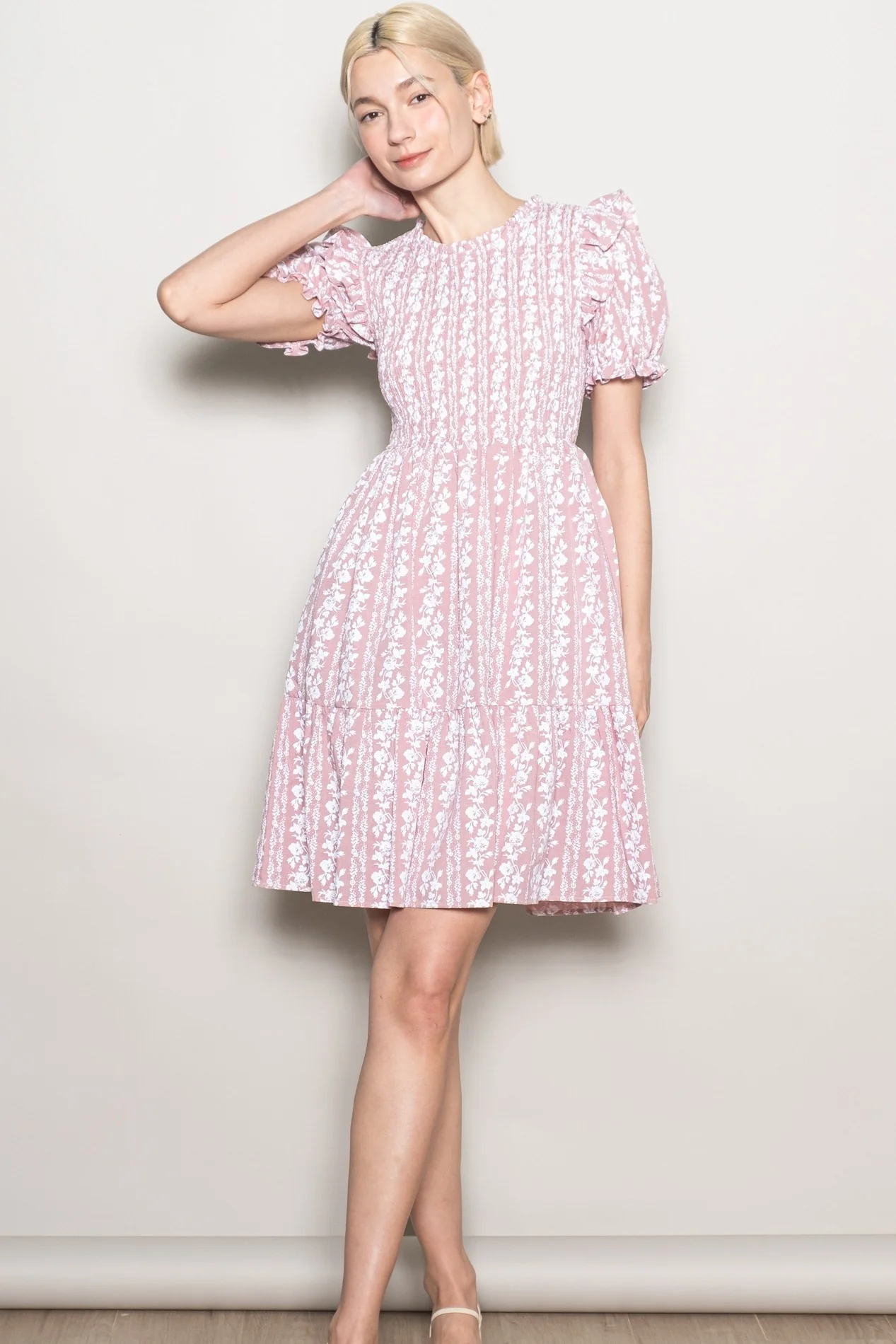 Pink Floral Smocked Ruffle Accent Dress - Image 4