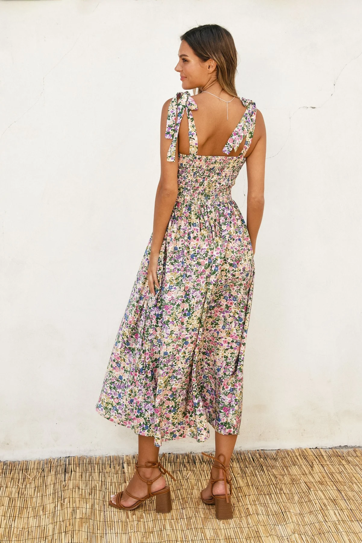 Pink Floral Smocked Shoulder Tie Midi Dress - Image 3