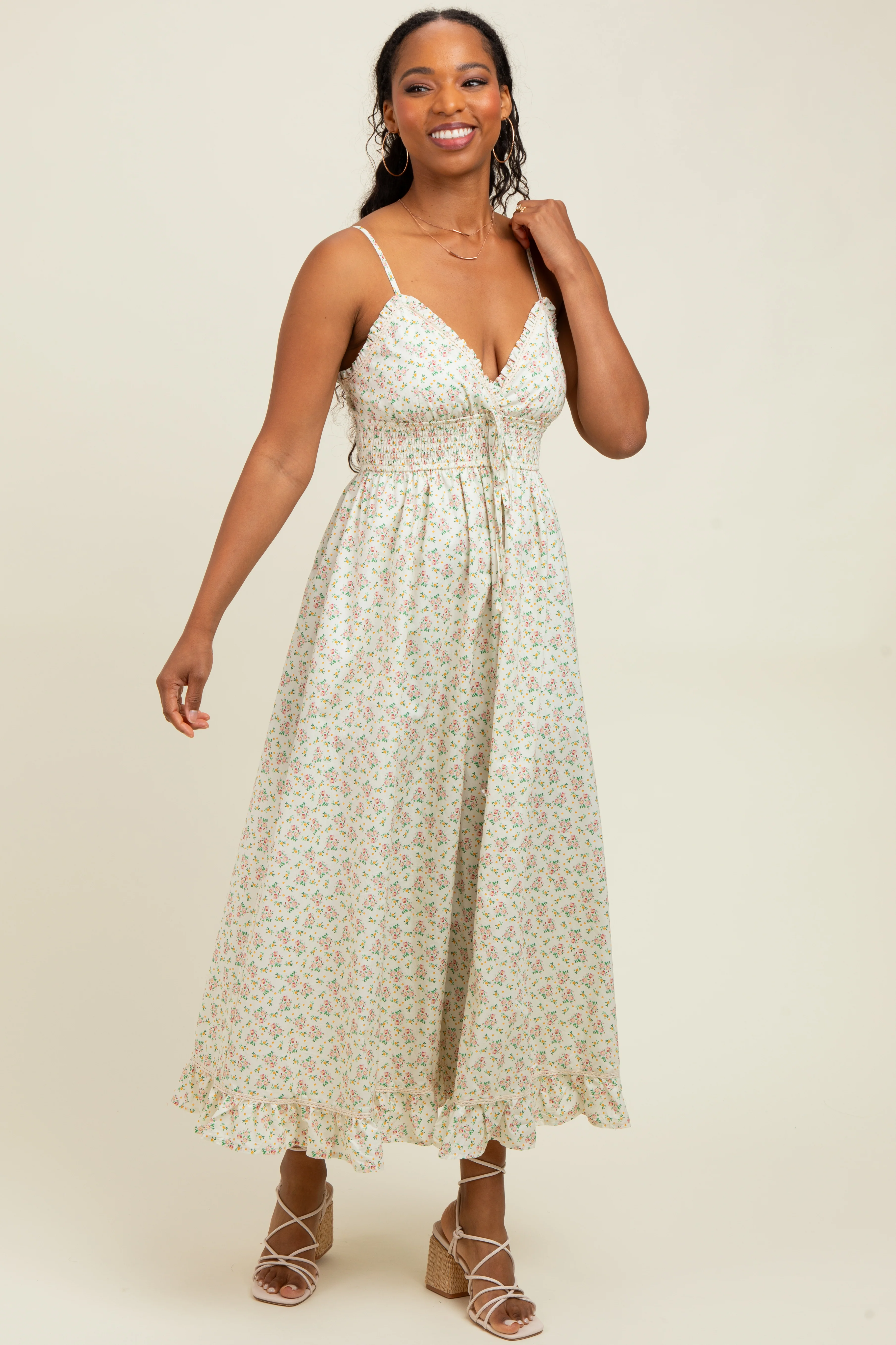 Pink Floral Smocked Waist Ruffle Accent Midi Dress - Image 2
