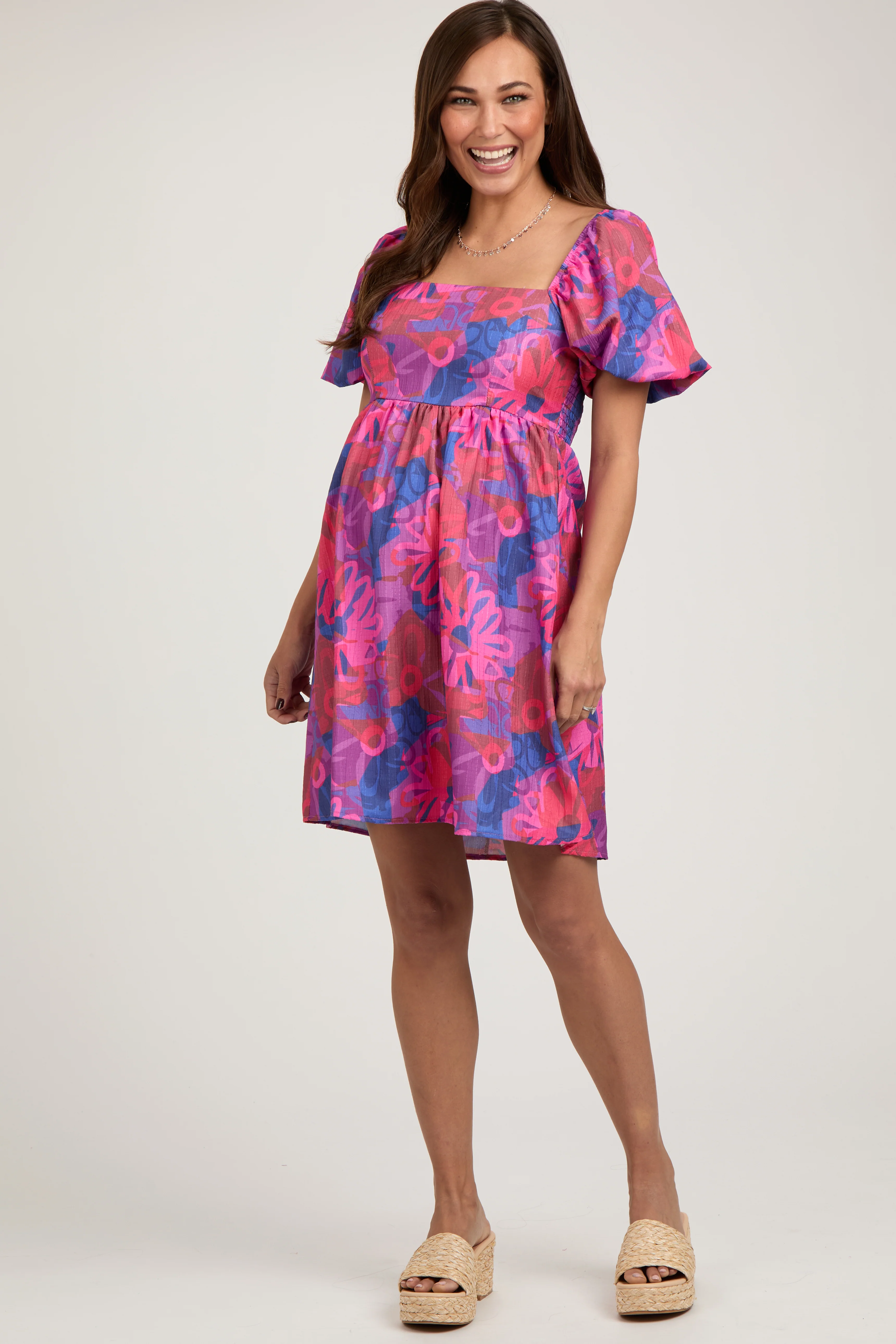 Pink Floral Square Neck Puff Sleeve Maternity Dress - Image 3
