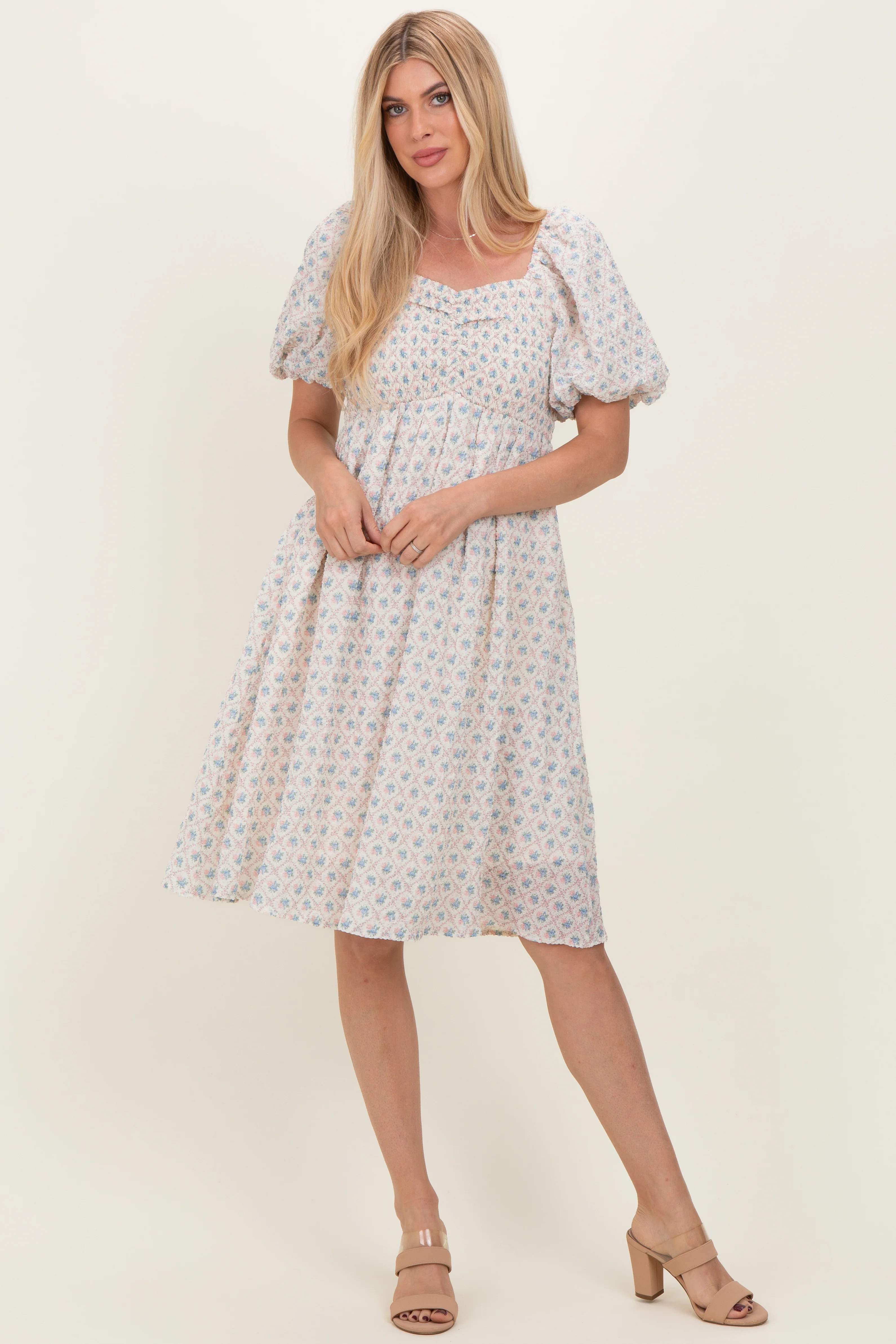 Pink Floral Square Neck Puff Sleeve Maternity Midi Dress - Image 4