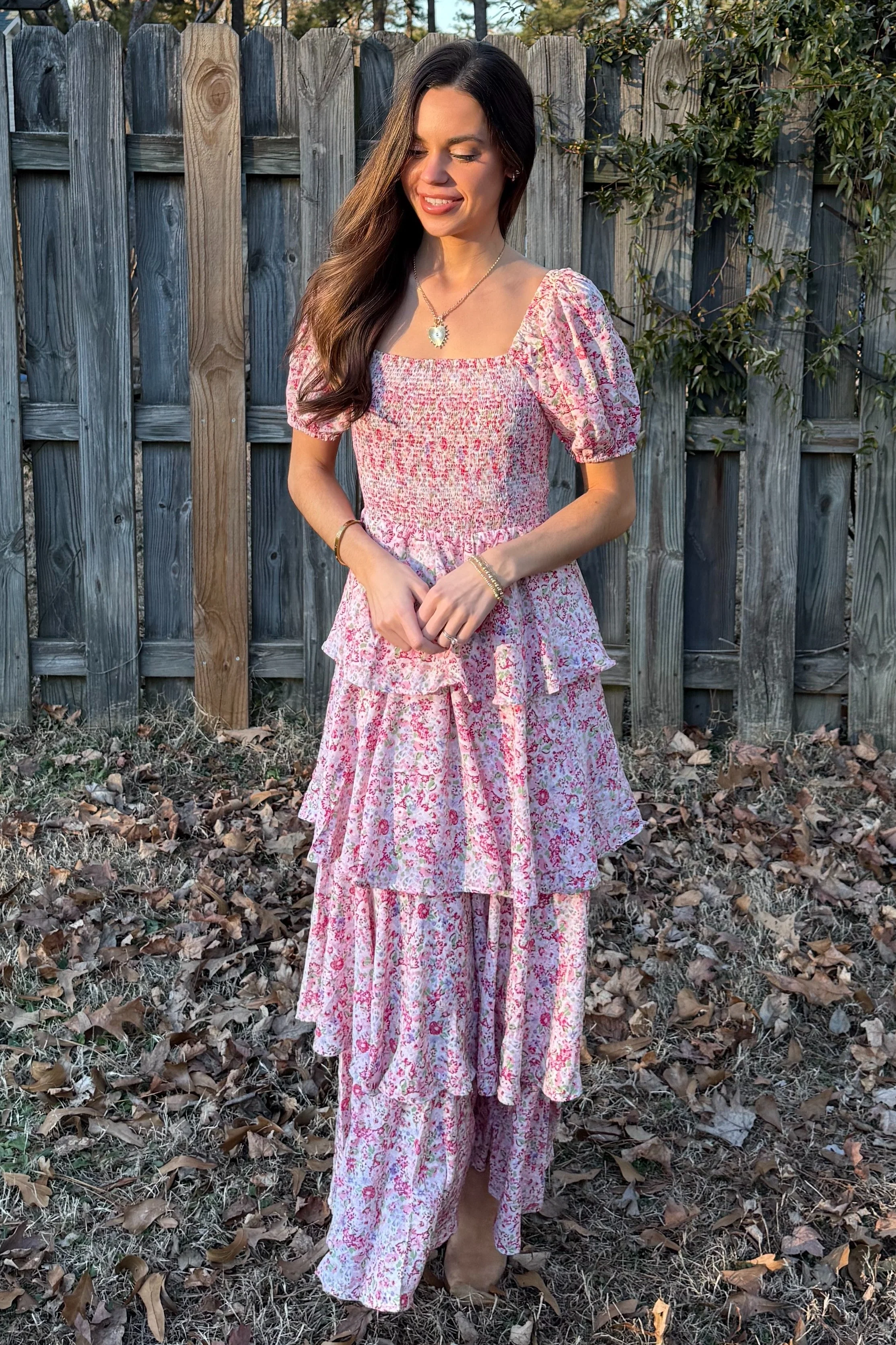 Pink Floral Square Neck Ruffle Layered Maxi Dress - Image 15