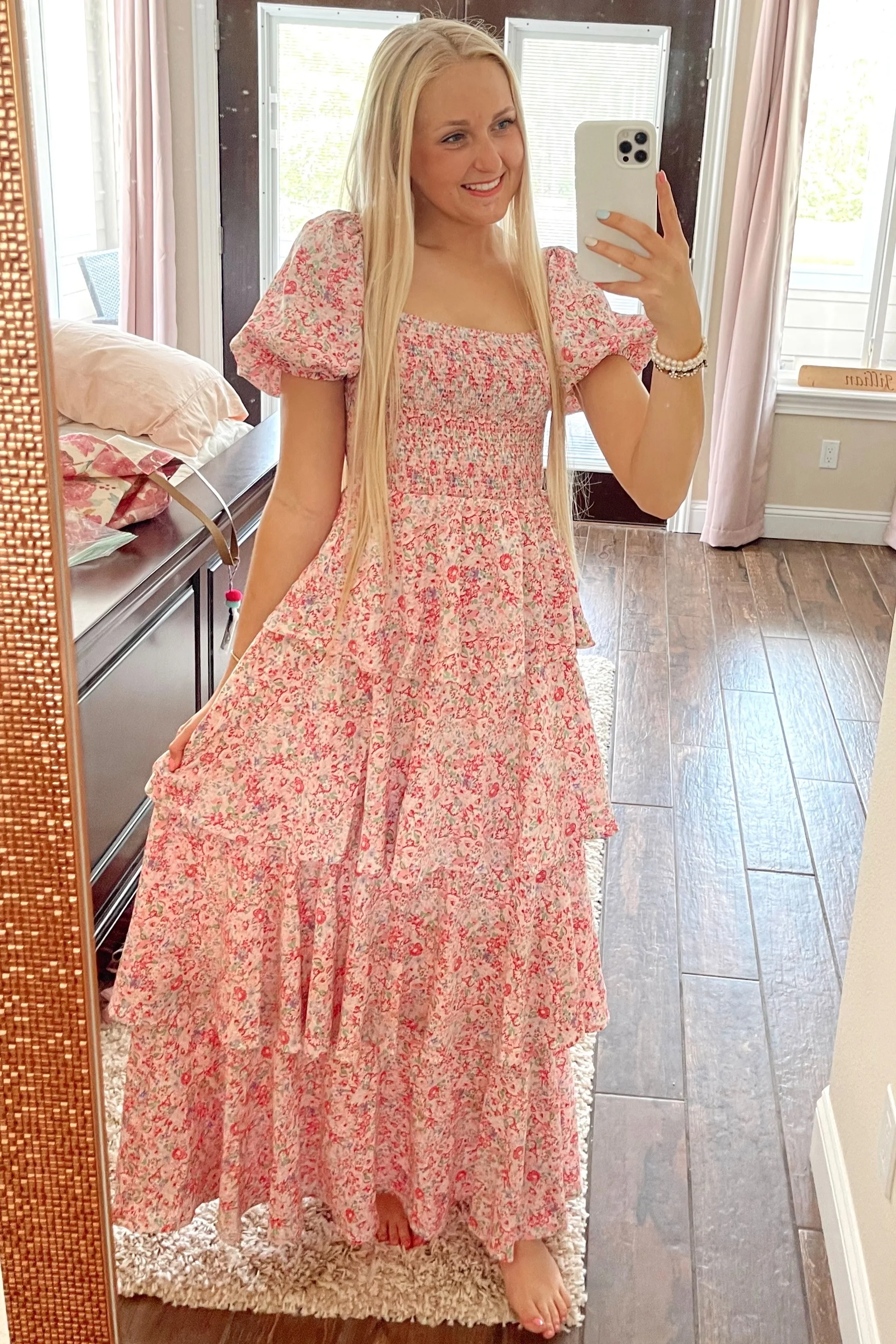 Pink Floral Square Neck Ruffle Layered Maxi Dress - Image 8