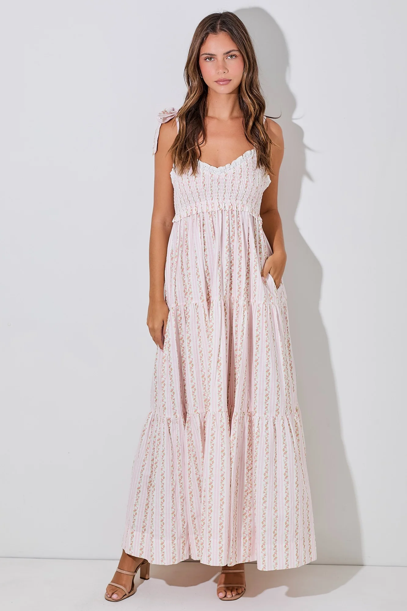 Pink Floral Striped Smocked Shoulder Tie Maternity Maxi Dress - Image 6