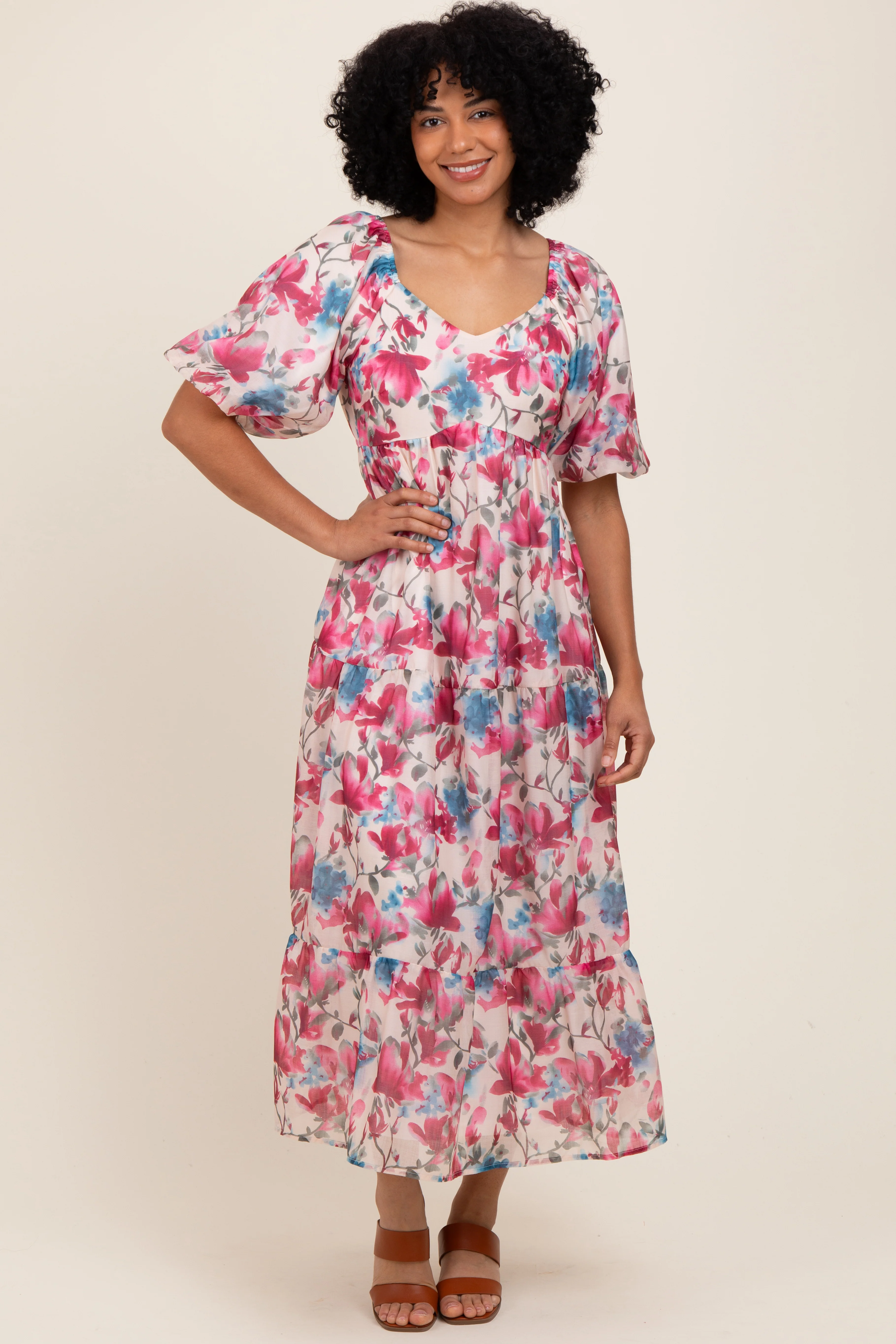 Pink Floral Tiered Puff Sleeve Midi Dress - Image 2