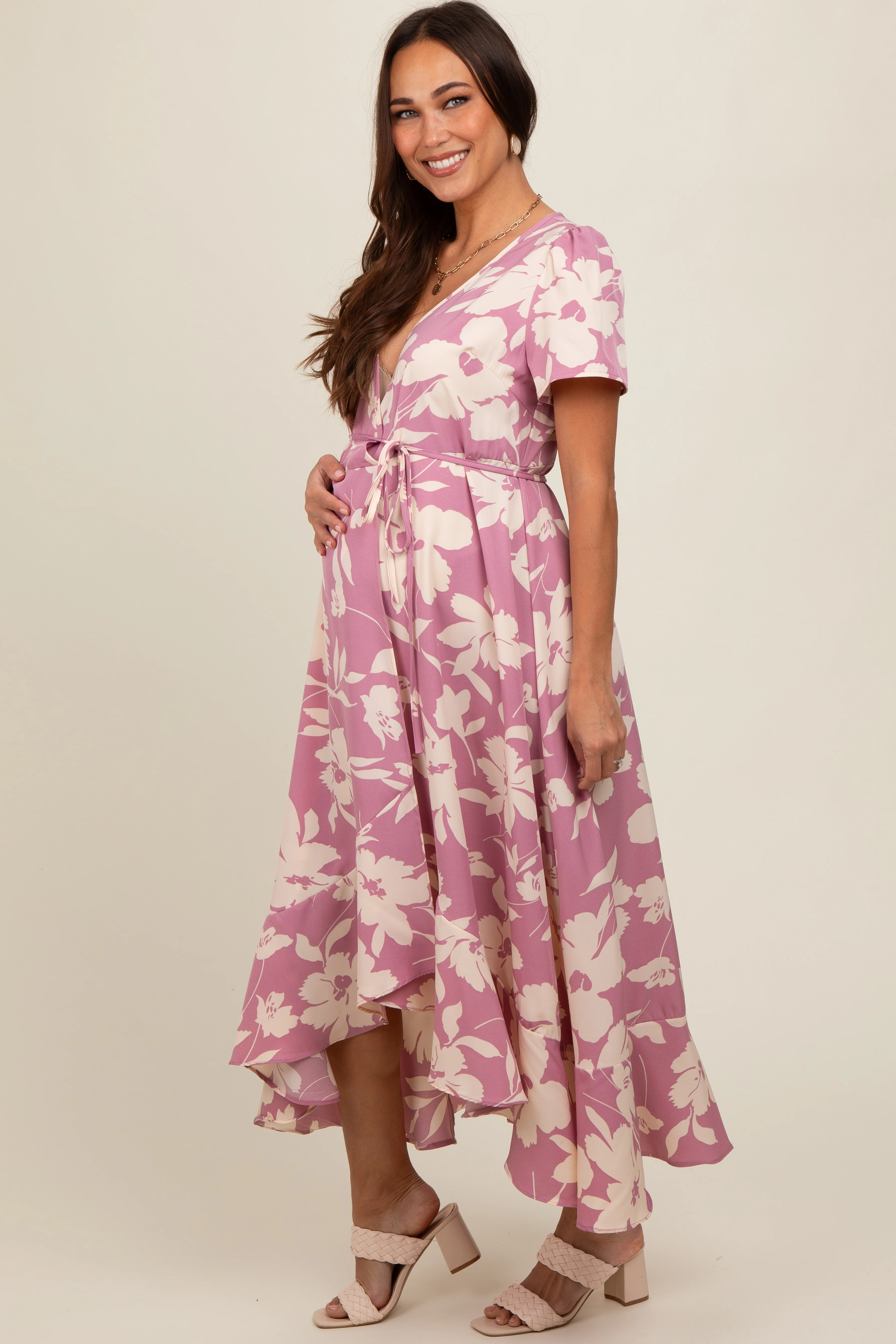 Pink Floral V Neck High Low Maternity Dress - Image 3