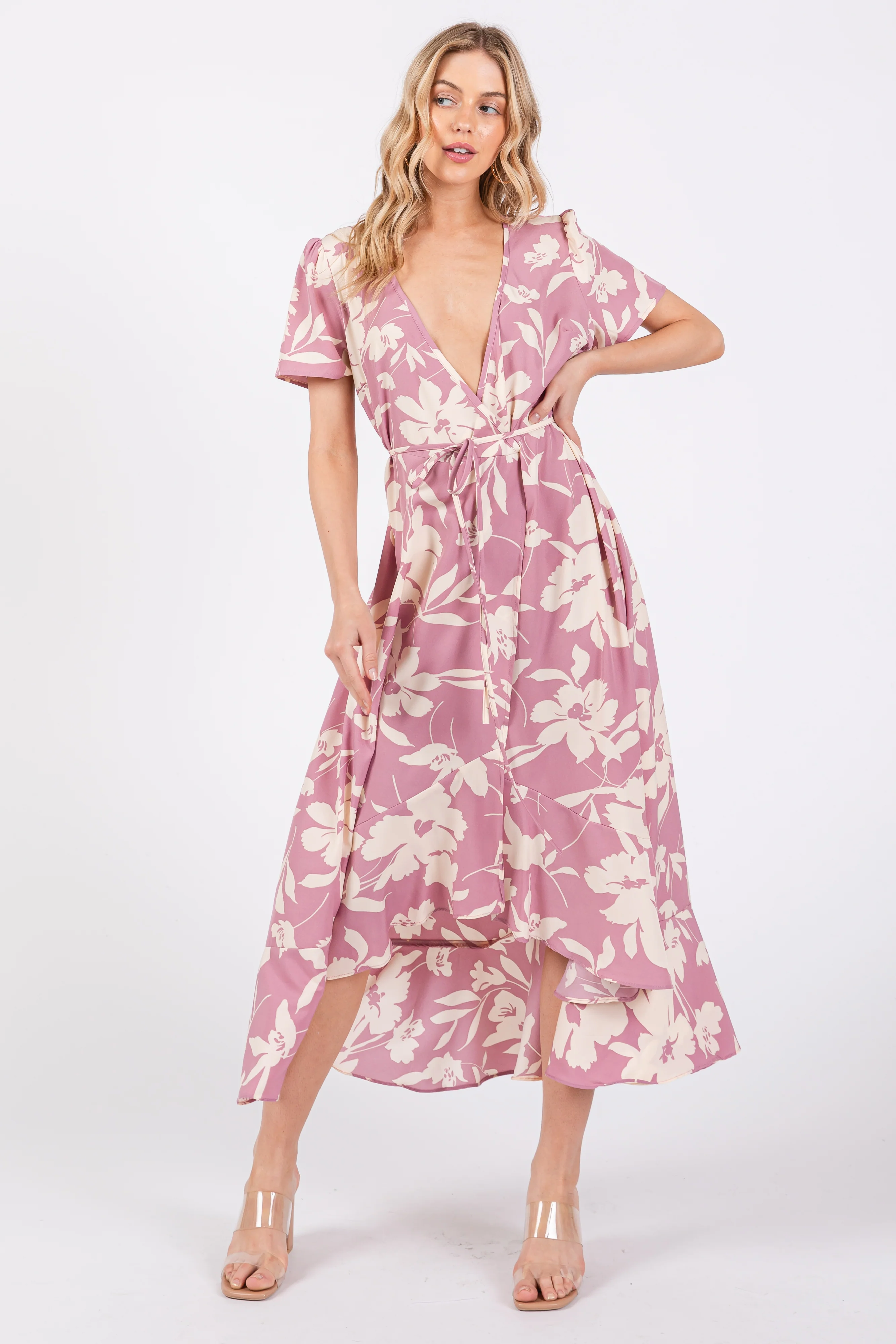 Pink Floral V Neck High Low Maternity Dress - Image 5