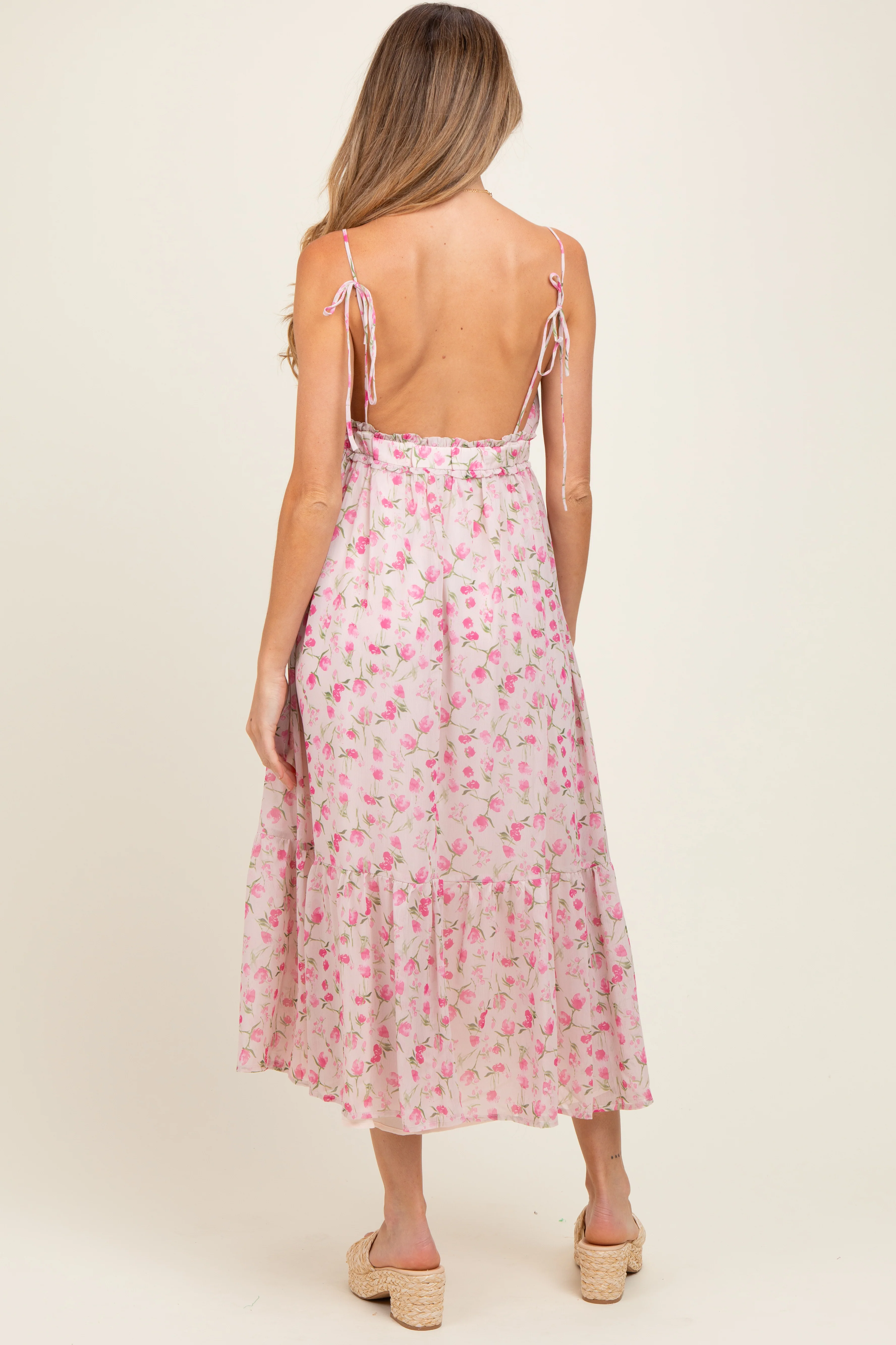 Pink Floral V-Neck Sleeveless Side Tie Maternity Midi Dress - Image 3