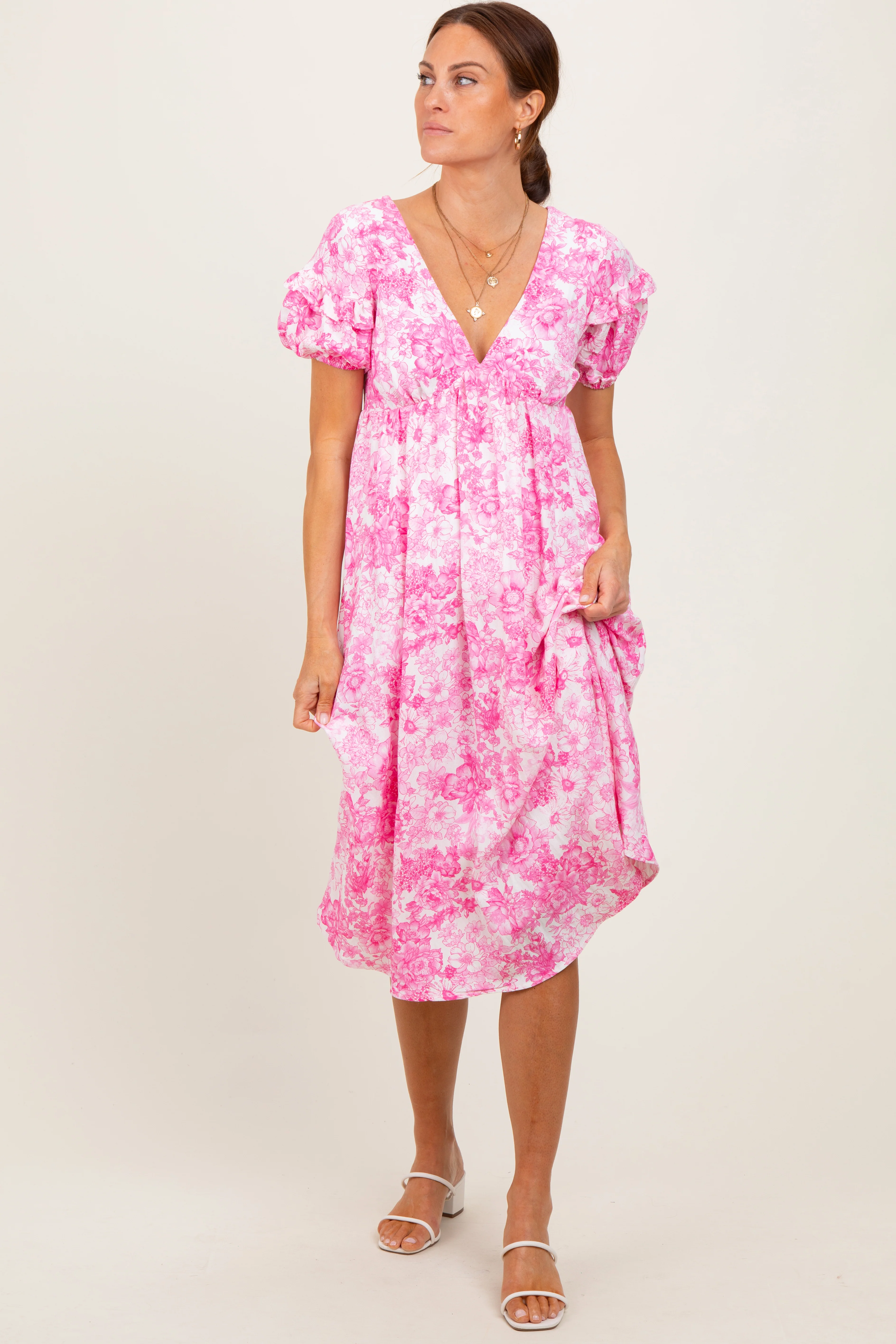 Pink Floral Woven Short Sleeve Maternity Mini Dress - Image 3