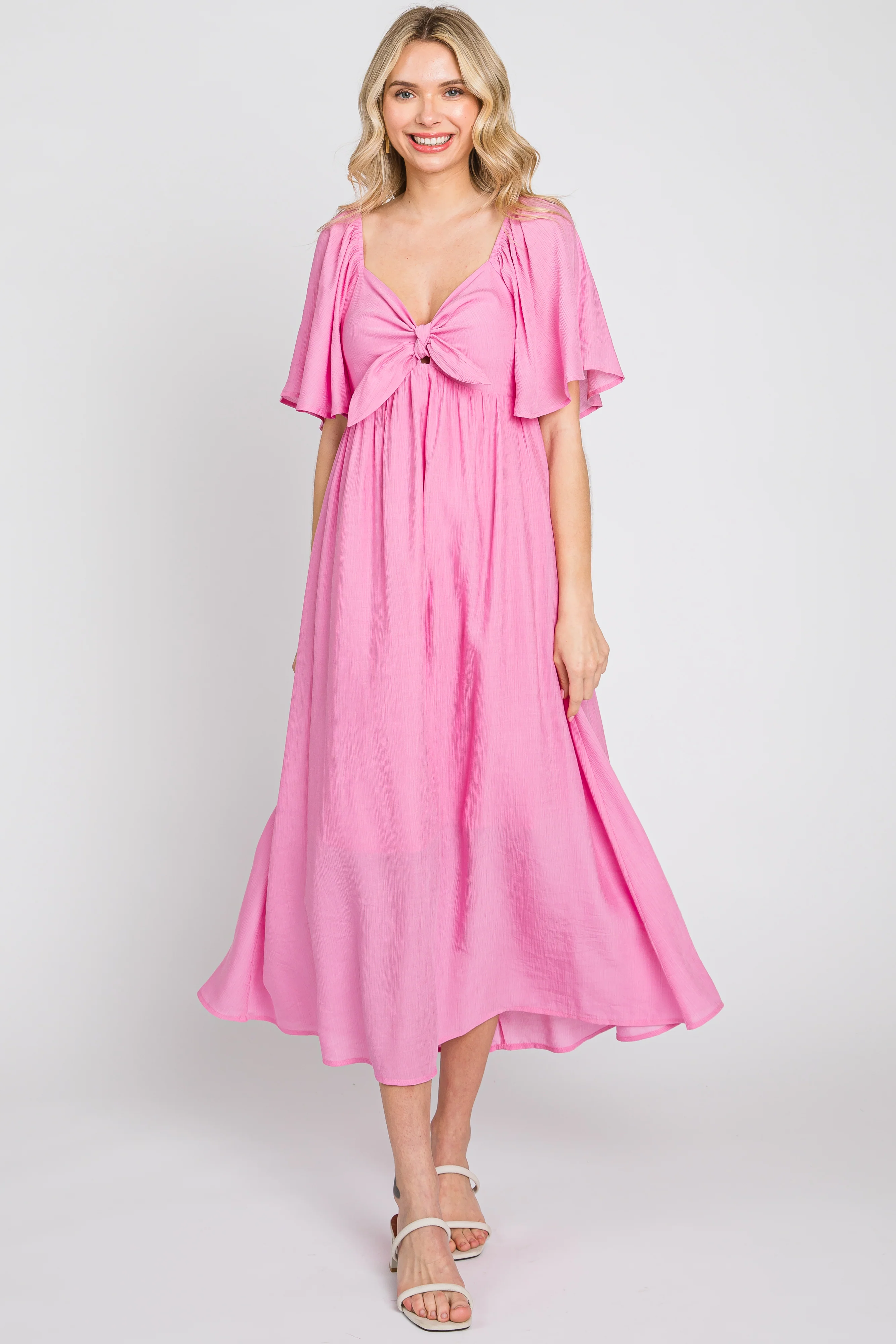 Pink Front Tie Ruffle Sleeve Midi Dress - Image 2