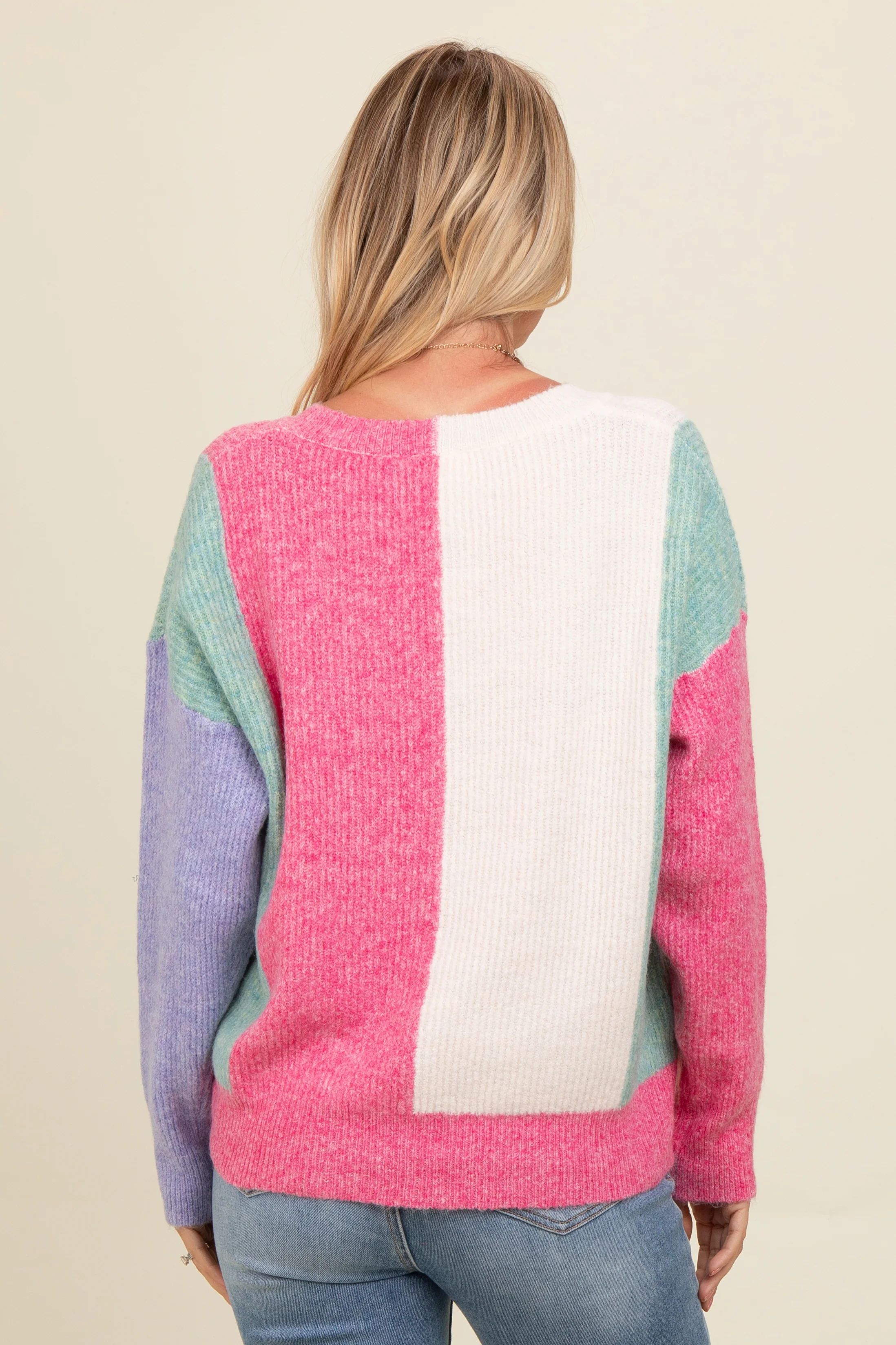 Pink Fuzzy Knit Colorblock Sweater - Image 2
