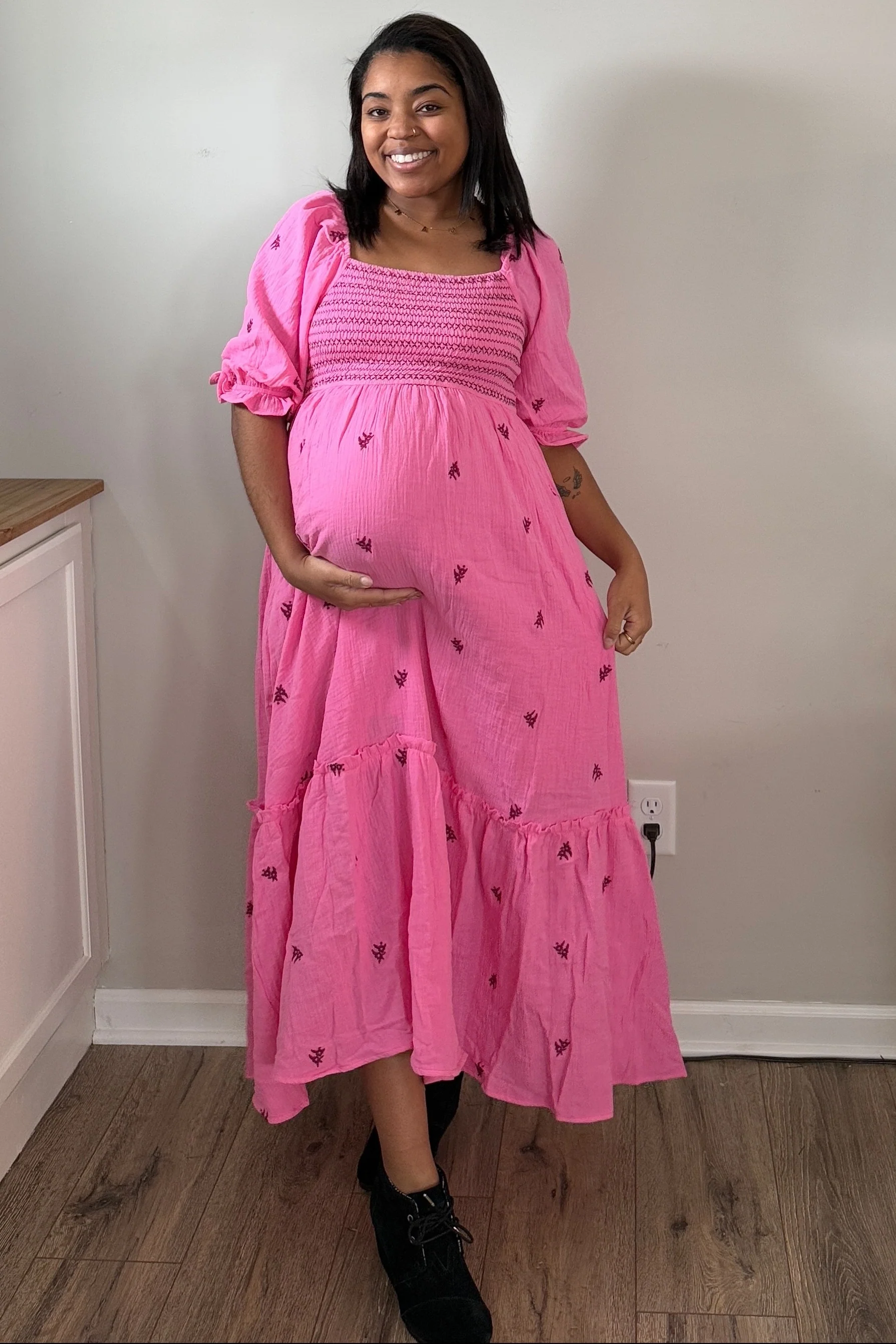 Pink Gauze Smocked Embroidered Square Neck Maternity Midi Dress - Image 5