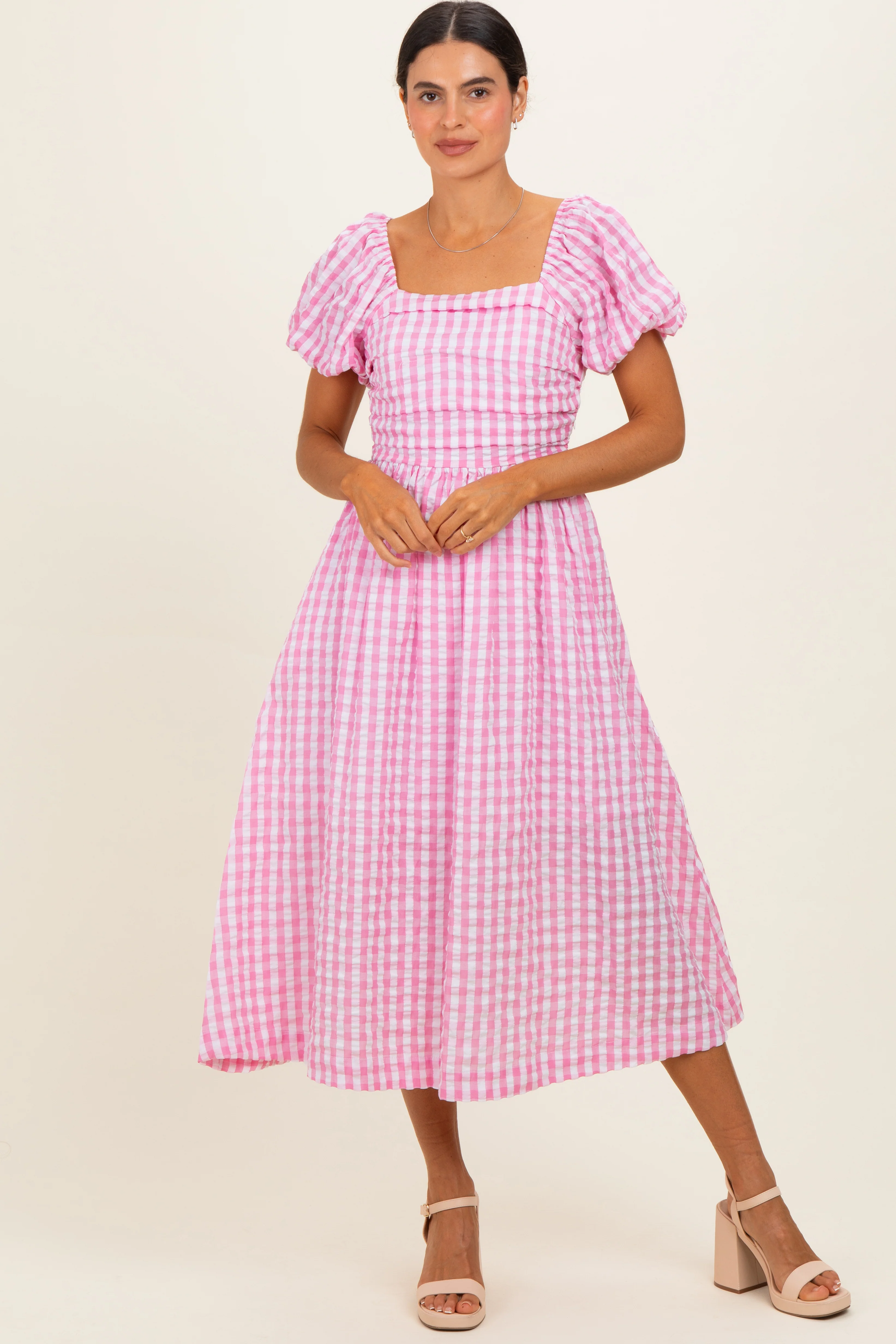 Pink Gingham Puff Sleeve Midi Dress