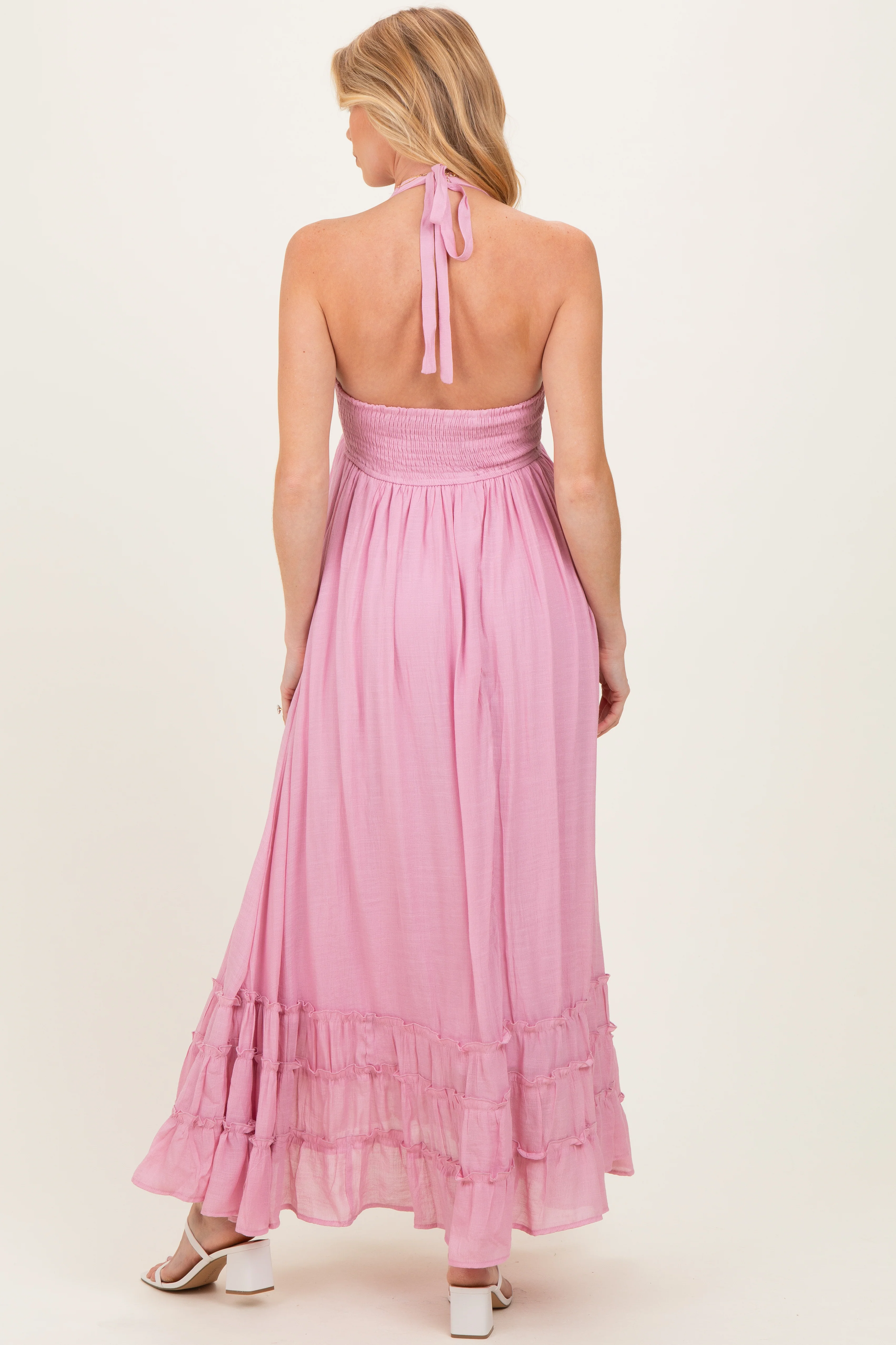 Pink Halter Neck Smocked Maternity Maxi Dress - Image 3