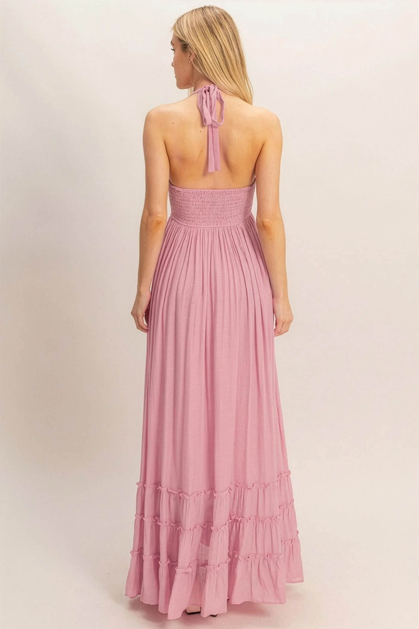 Pink Halter Neck Smocked Maxi Dress - Image 3
