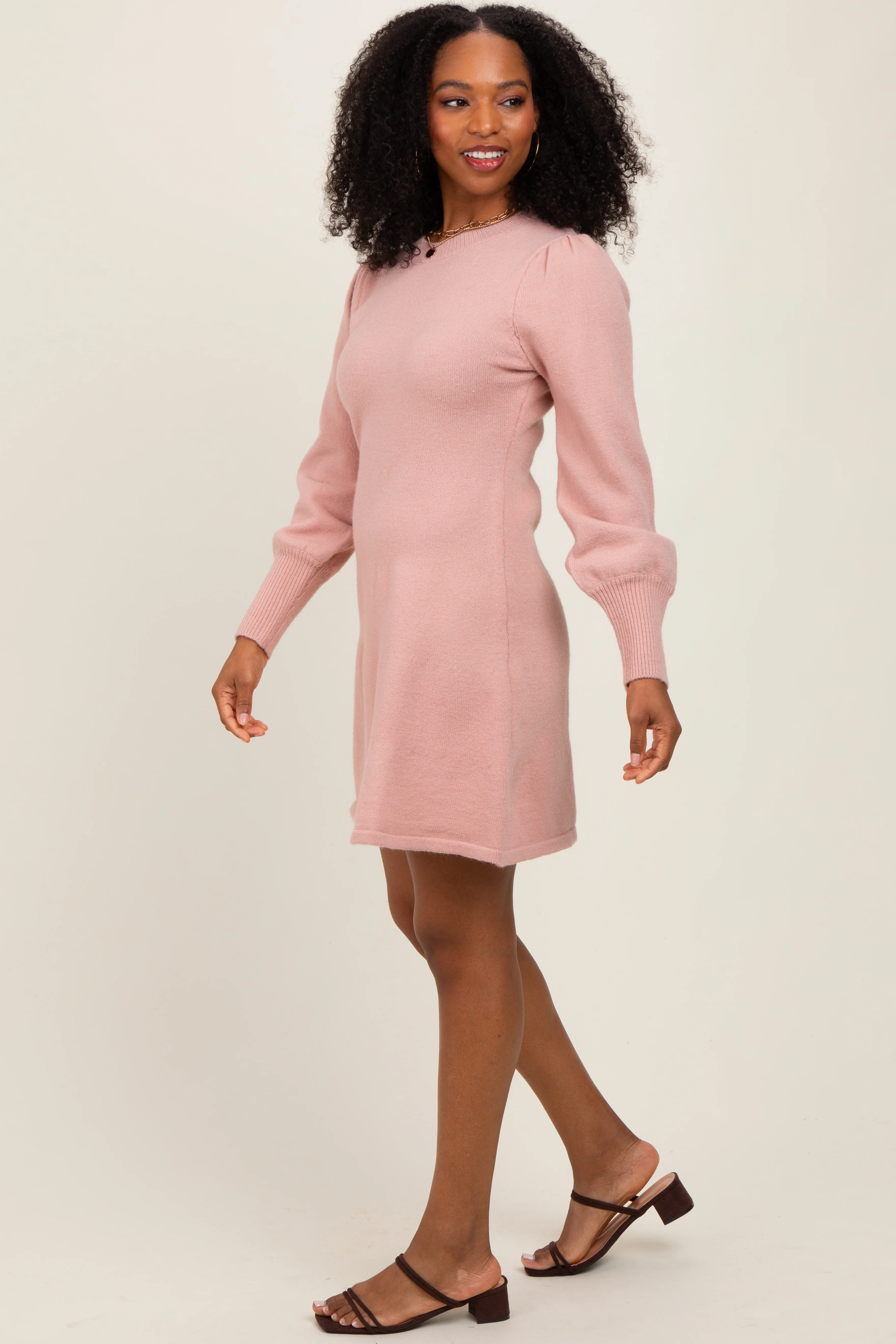 Pink Knit Bubble Sleeve Mini Dress - Image 3