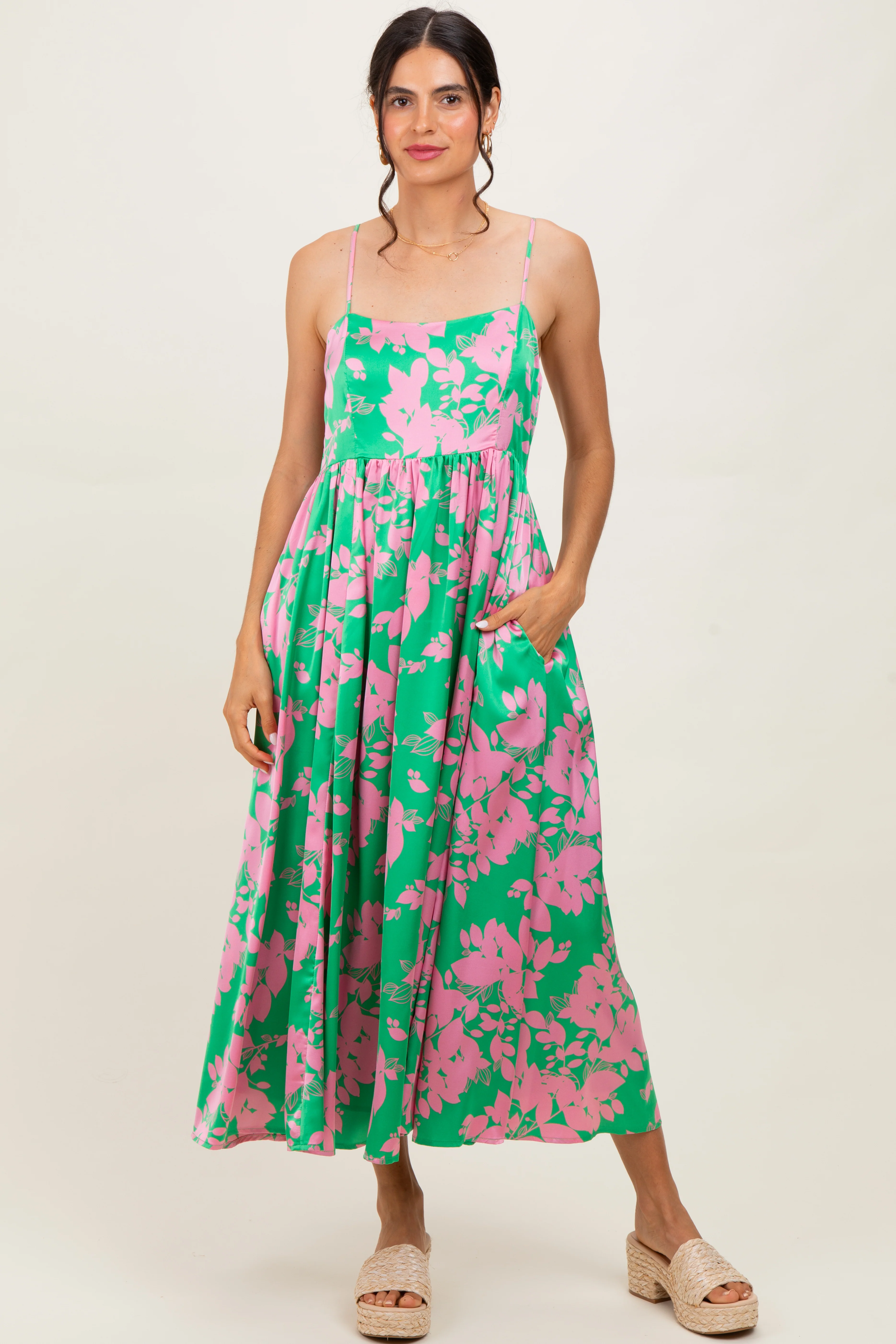 Pink Leaf Print Satin Square Neck Maternity Midi Dress - Image 4